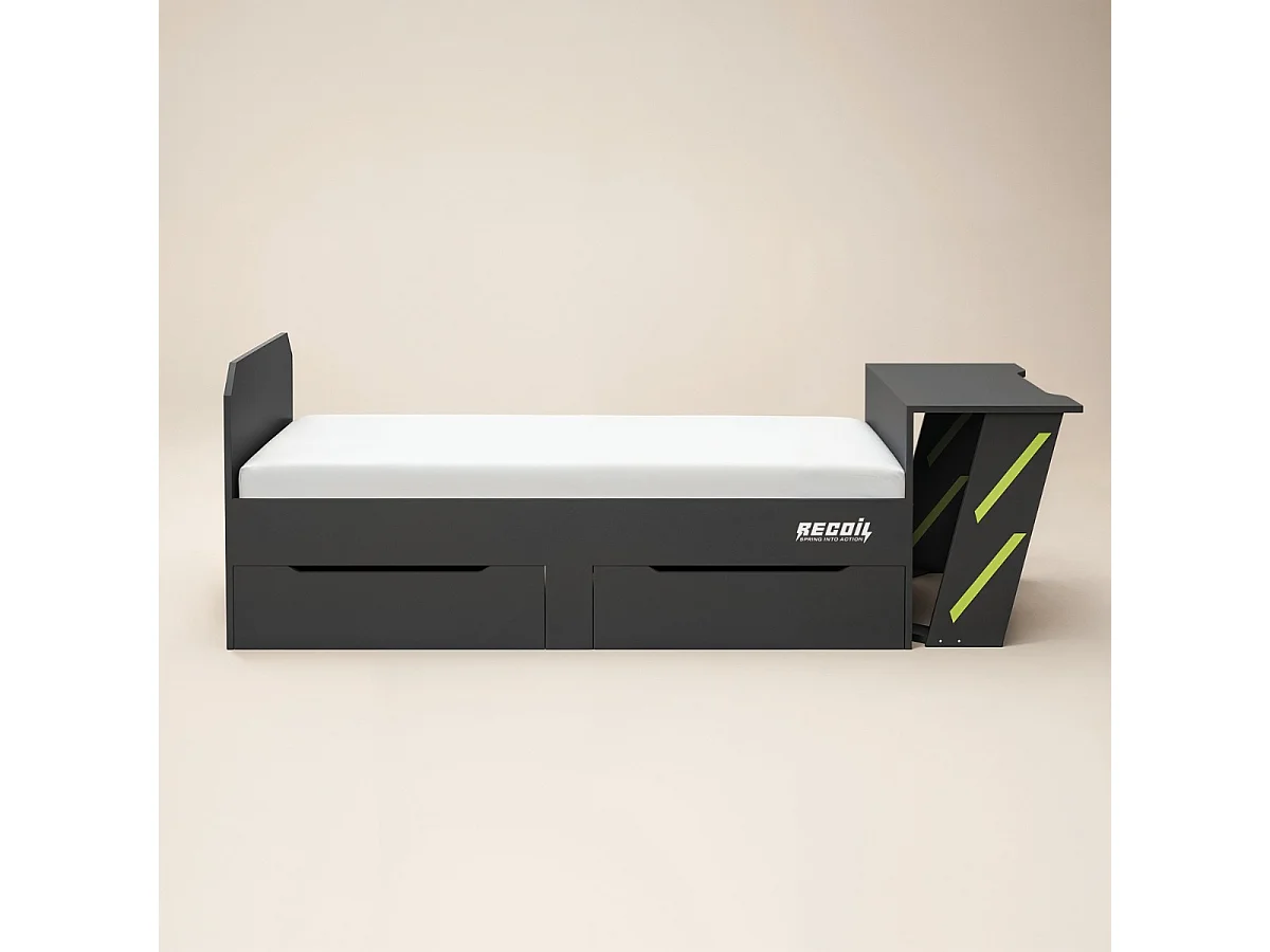 Recoil Alister Gaming Single Bed with Desk Charcoal & Green