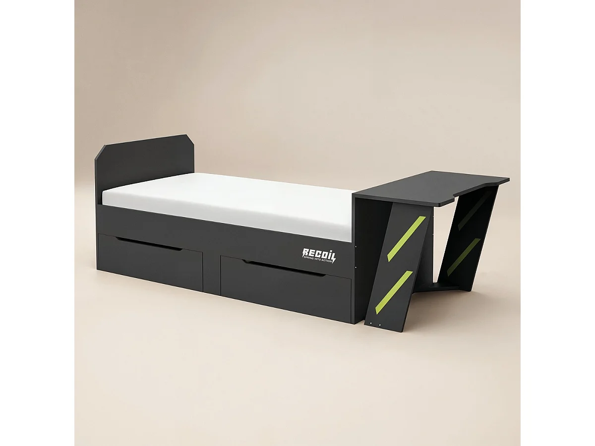 Recoil Alister Gaming Single Bed with Desk Charcoal & Green