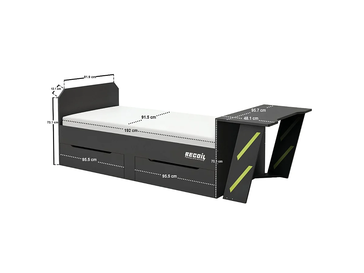 Recoil Alister Gaming Single Bed with Desk Charcoal & Green