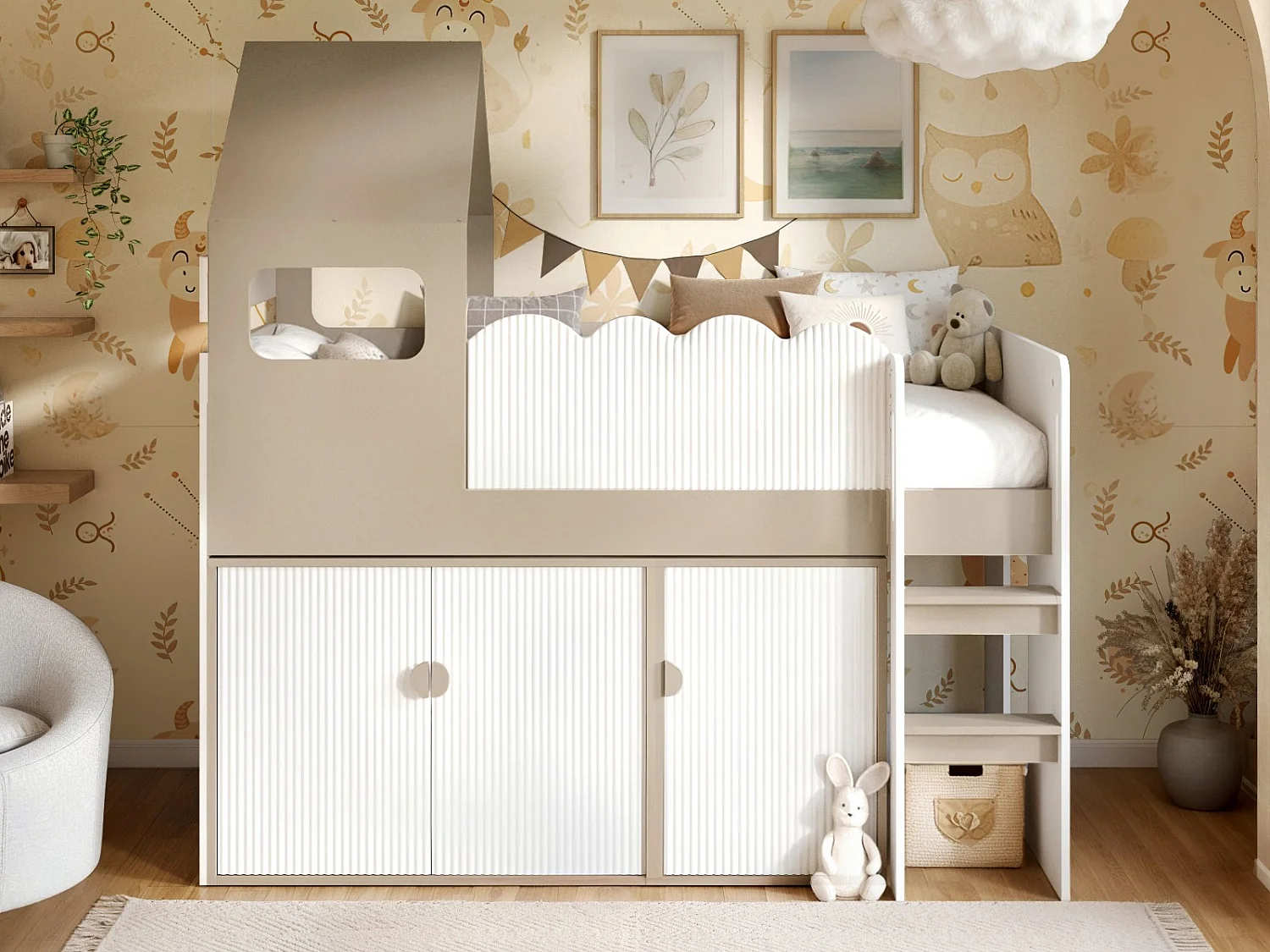 Flair Calista Ribbed House Mid Sleeper Bed with Storage White & Taupe
