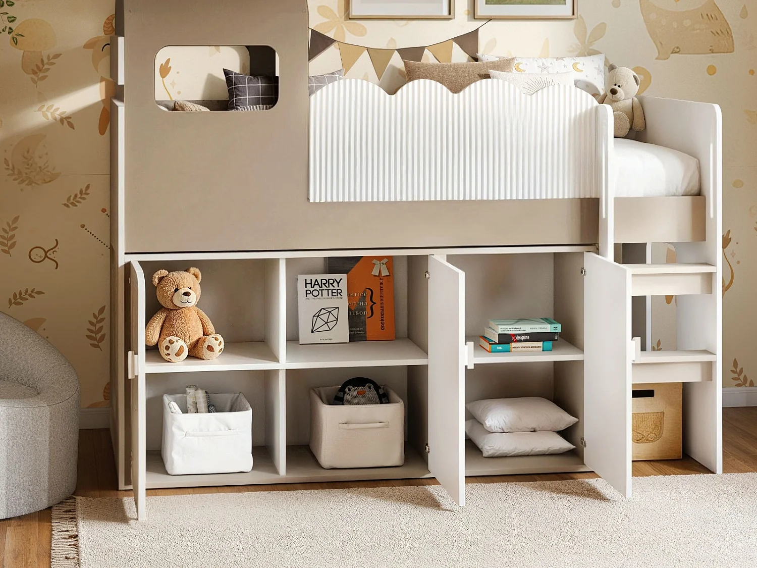 Flair Calista Ribbed House Mid Sleeper Bed with Storage White & Taupe