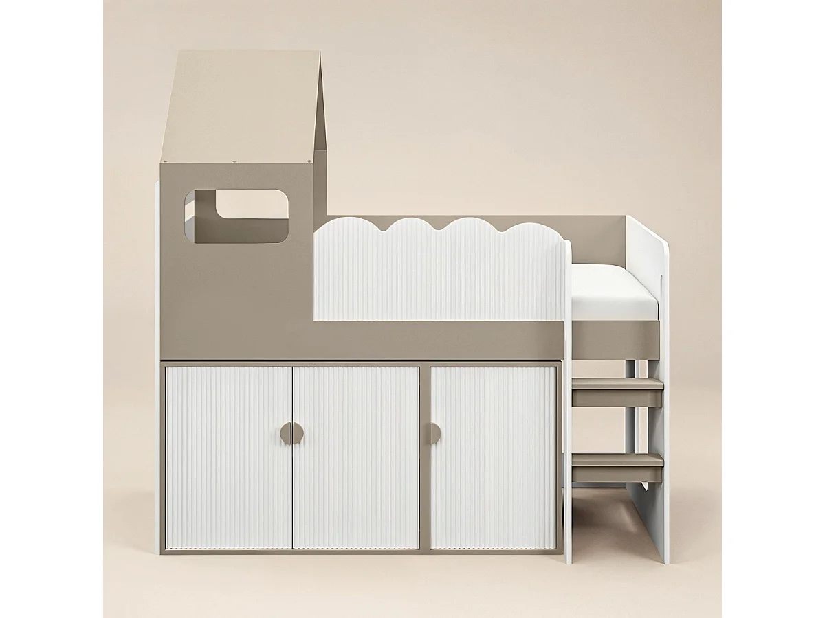 Flair Calista Ribbed House Mid Sleeper Bed with Storage White & Taupe