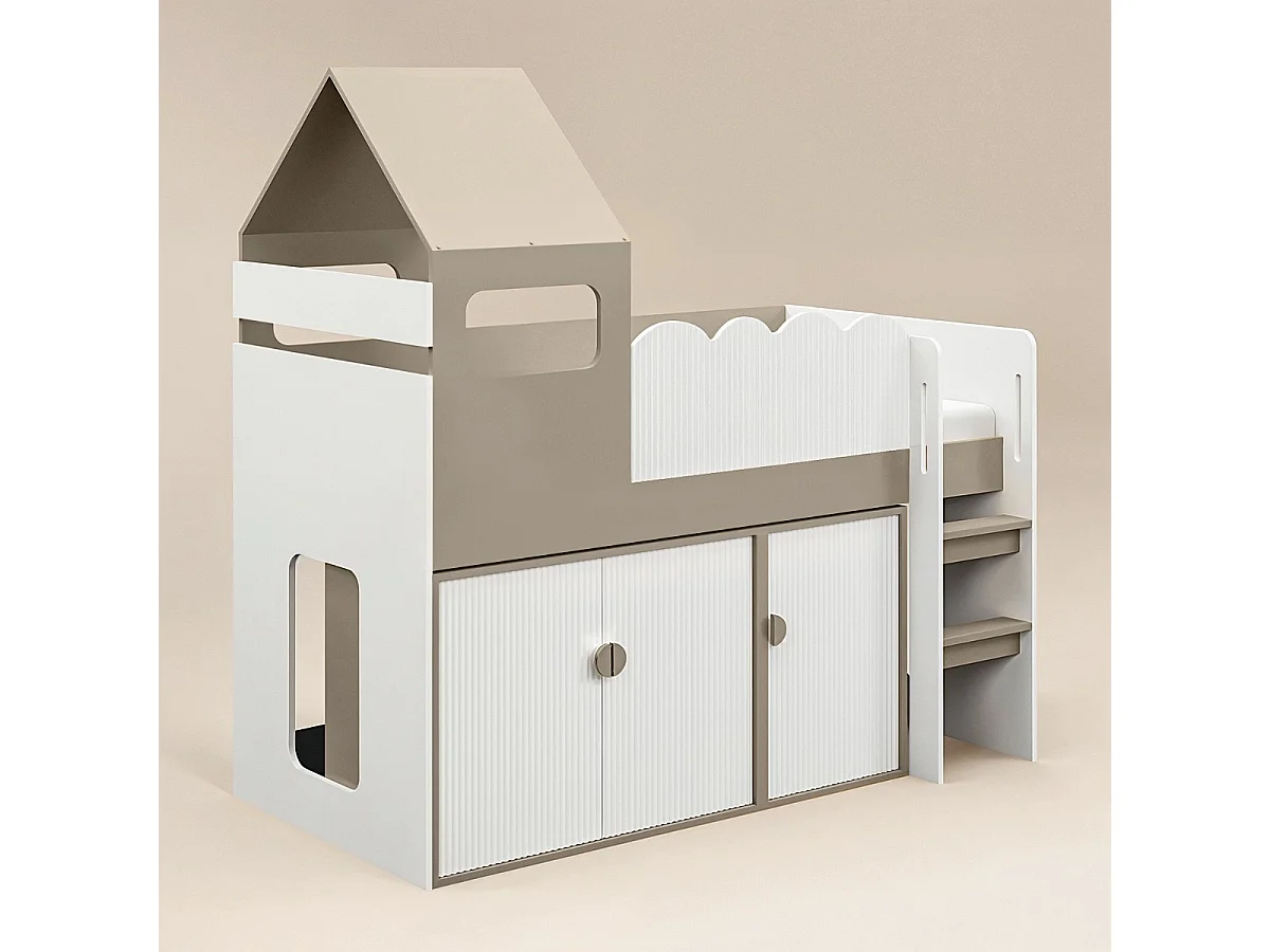 Flair Calista Ribbed House Mid Sleeper Bed with Storage White & Taupe