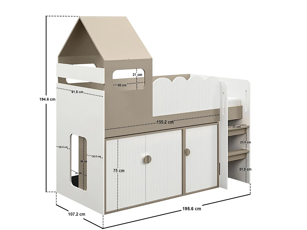 Flair Calista Ribbed House Mid Sleeper Bed with Storage White & Taupe