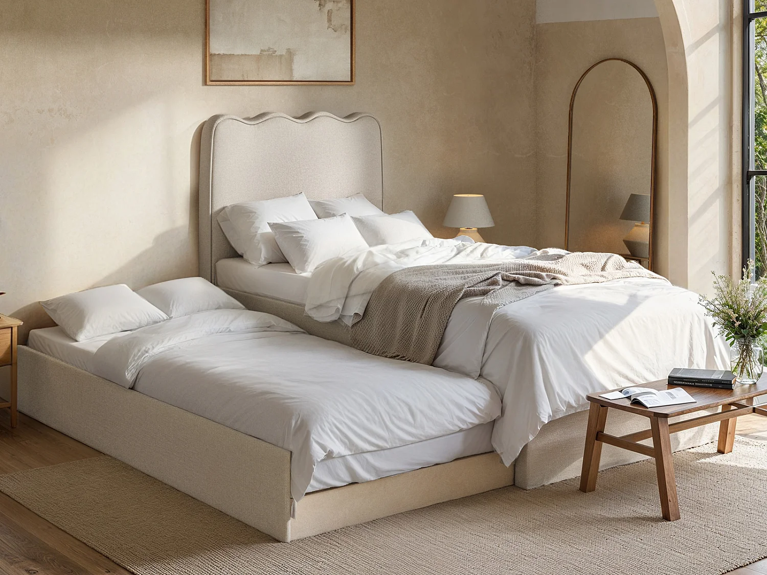 Flair Ellis Single Bed with Trundle Beige Woven Fabric