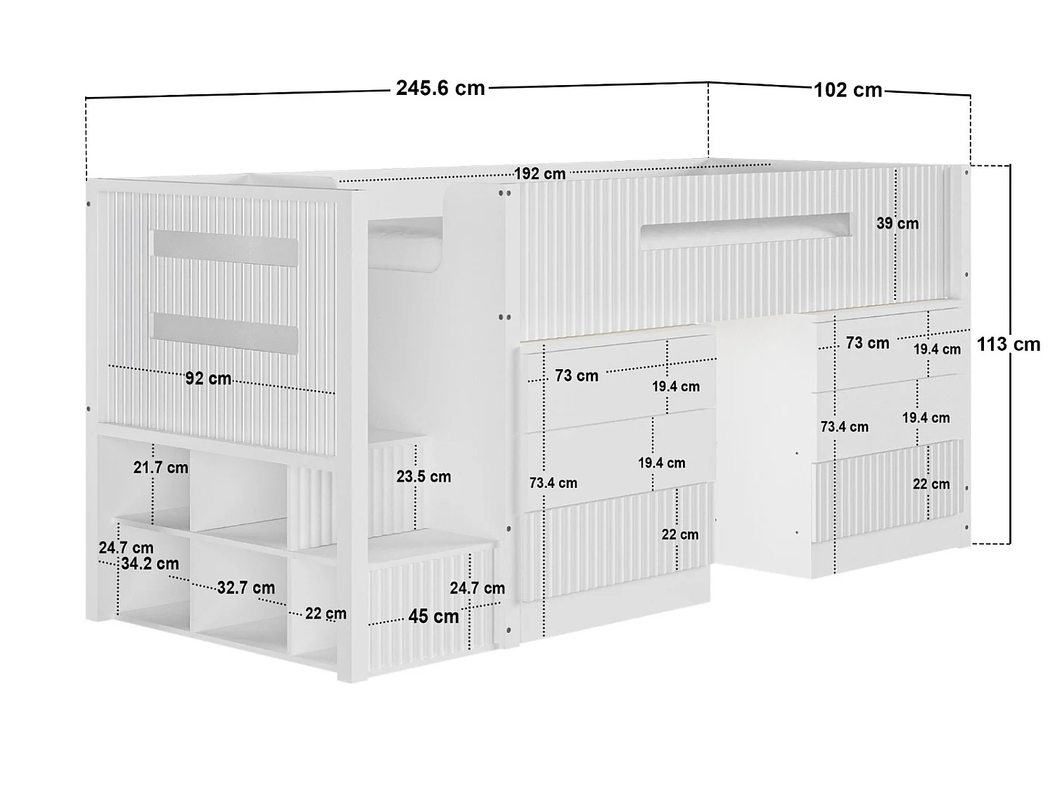 Flair Luca Mid Sleeper with 3 Drawers Chest Pair Ribbed White