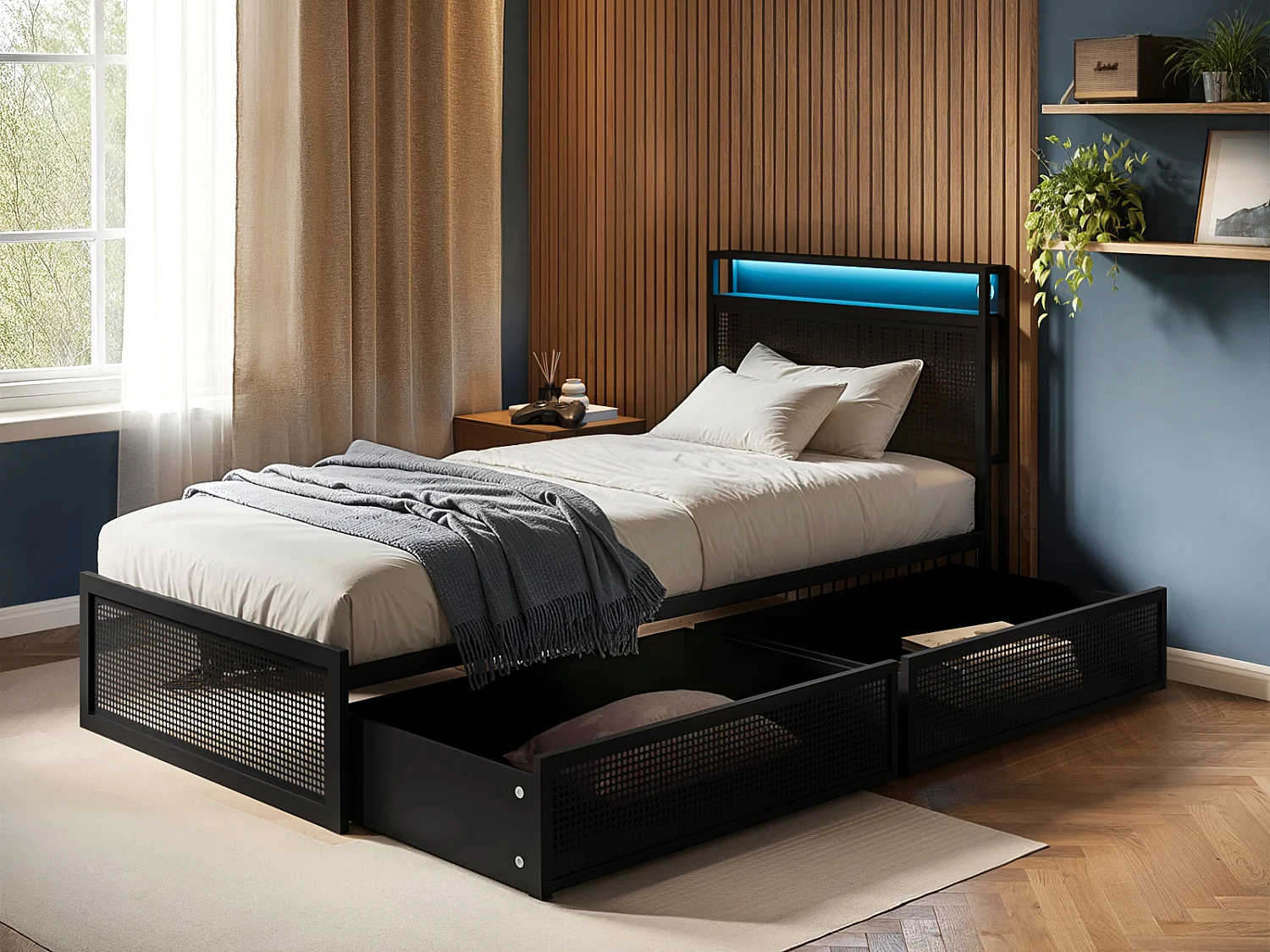 Flair Callan Metal Bed with Storage & LED Black Single