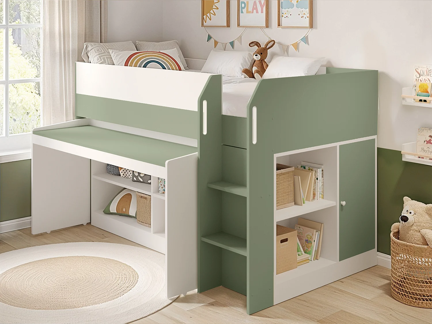 Flair Aiden Kids Cabin Bed with Storage Olive Green