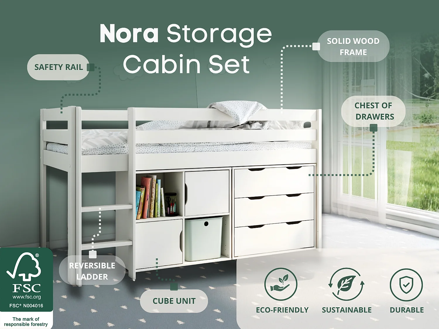 Noomi Nora Mid Sleeper Storage Cabin White
