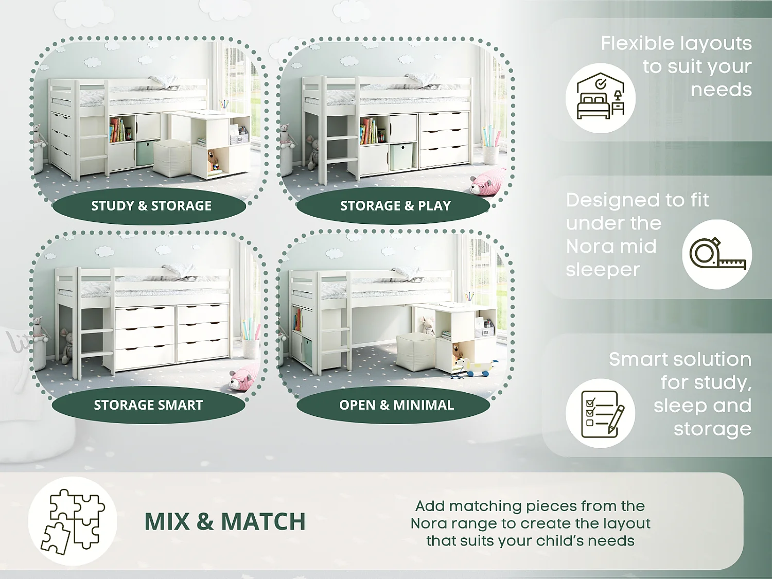 Noomi Nora Mid Sleeper Storage Cabin White