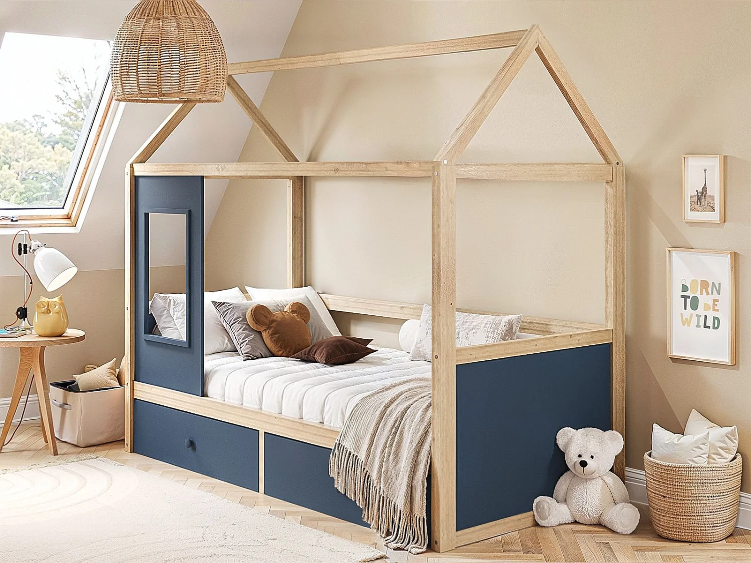 Flair Ted Play House Wooden Bed with Storage Blue