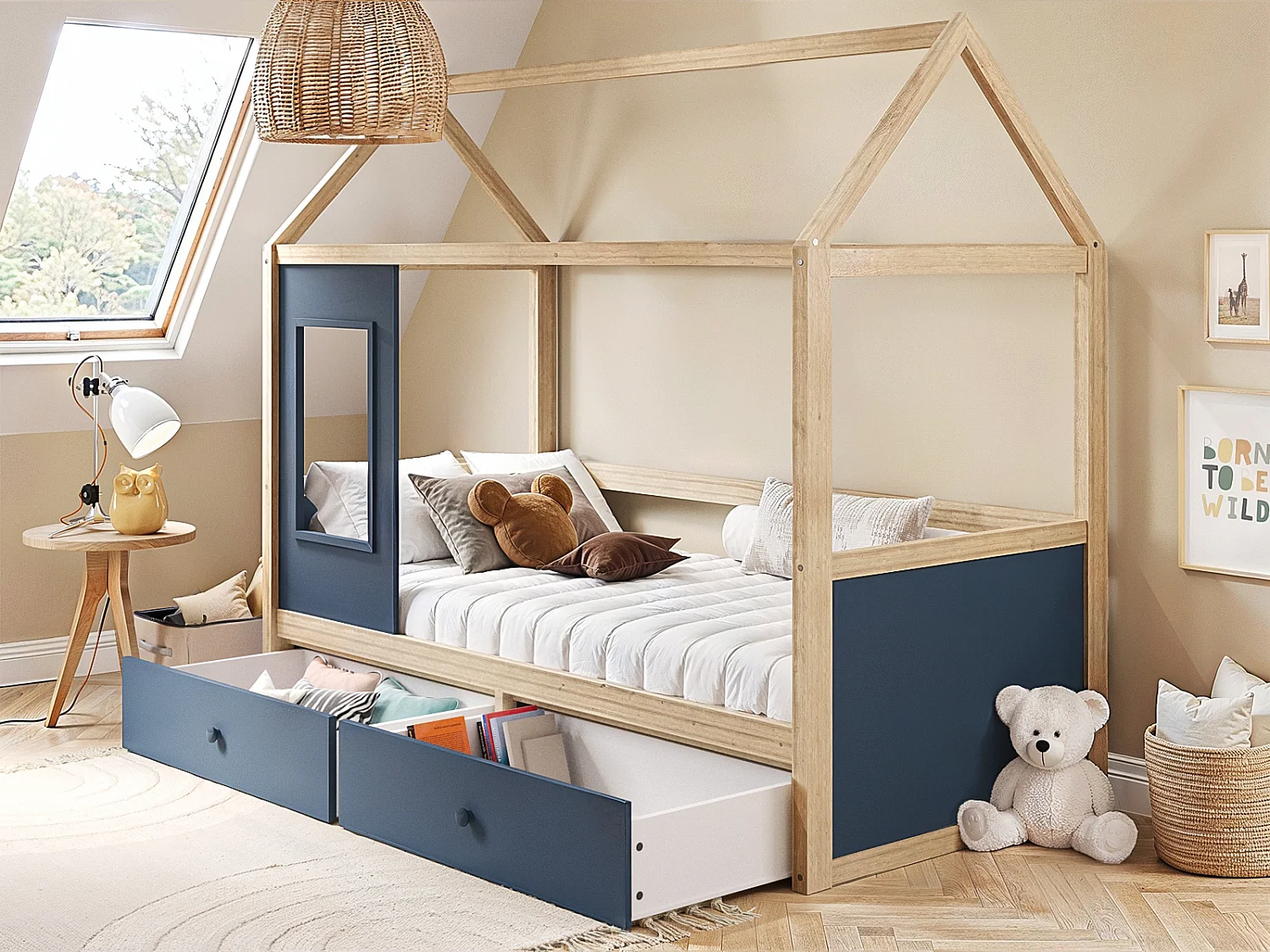 Flair Ted Play House Wooden Bed with Storage Blue