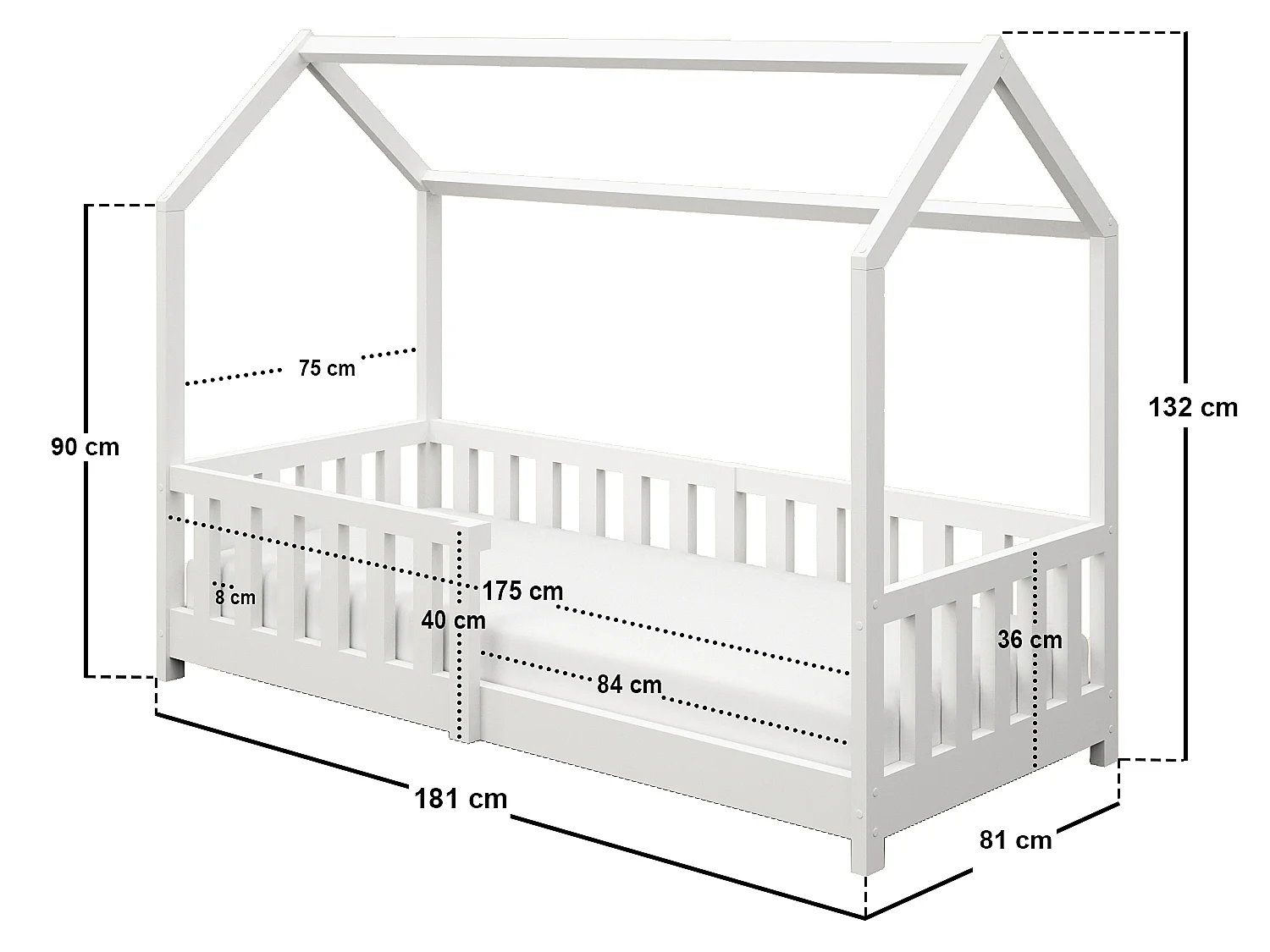 Flair Explorer Shorty Play House Floor Bed with Rails Wooden White