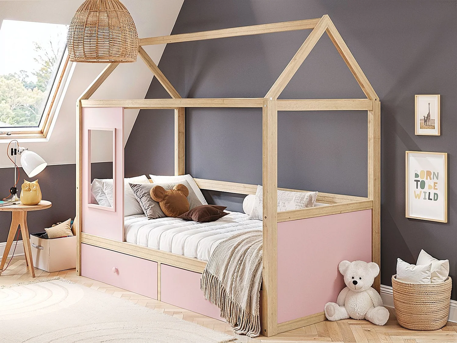 Flair Ted Play House Wooden Bed with Storage Pink