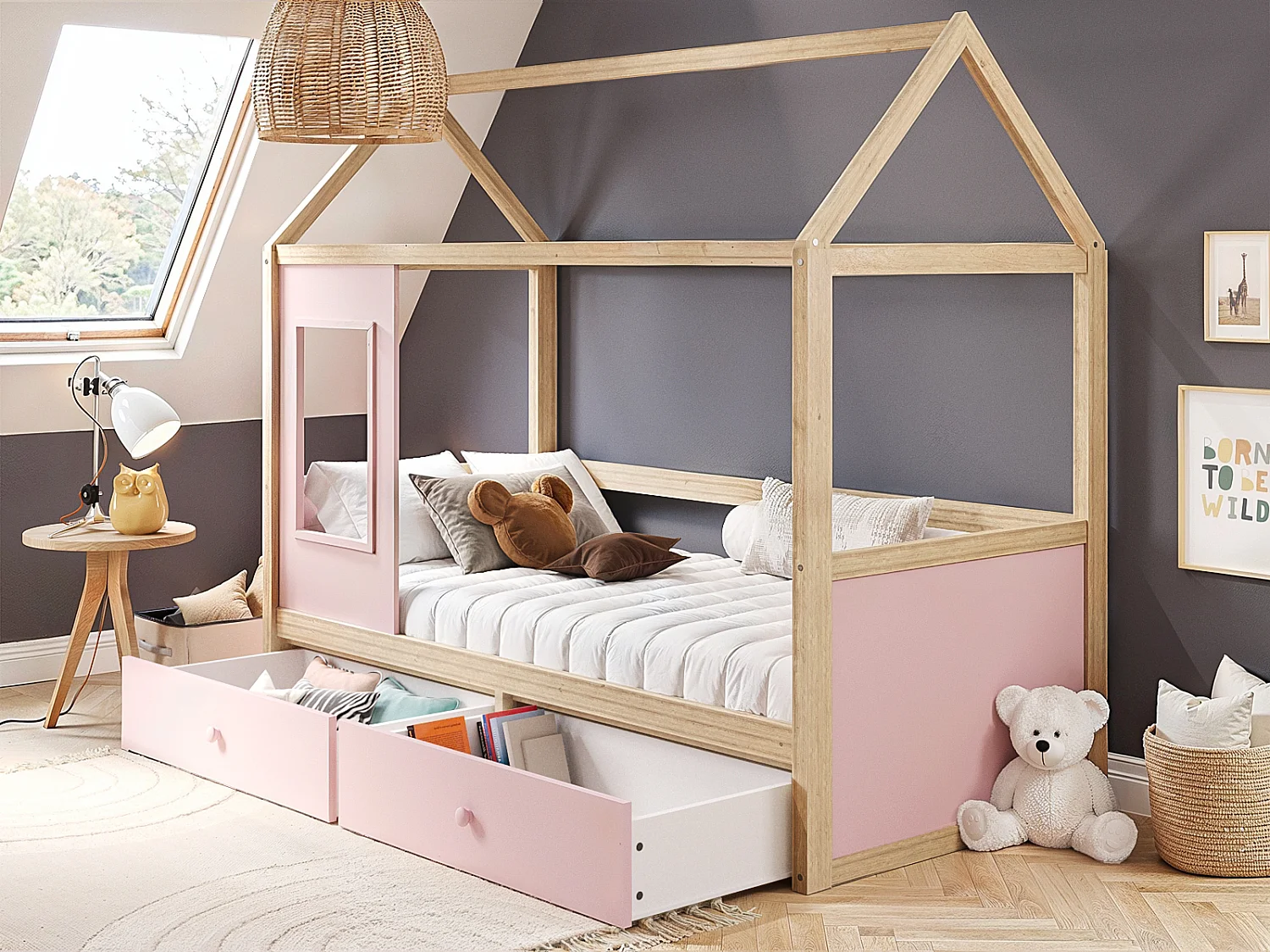 Flair Ted Play House Wooden Bed with Storage Pink