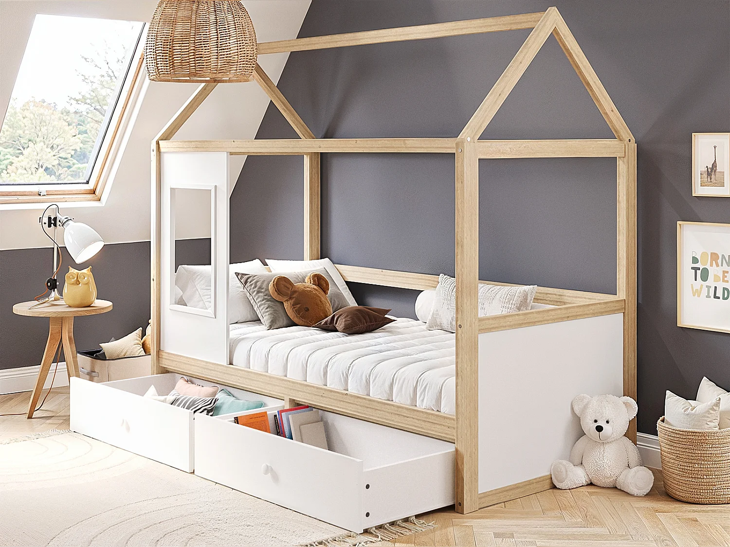 Flair Ted Play House Wooden Bed with Storage White