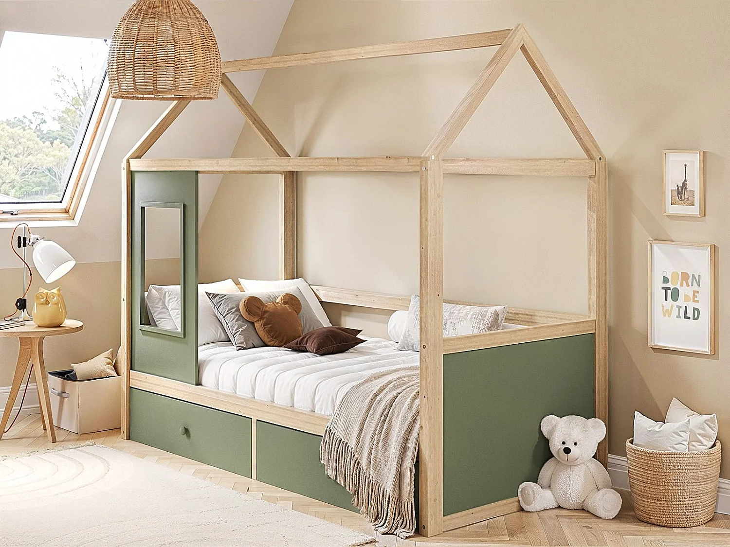 Flair Ted Play House Wooden Bed with Storage Green