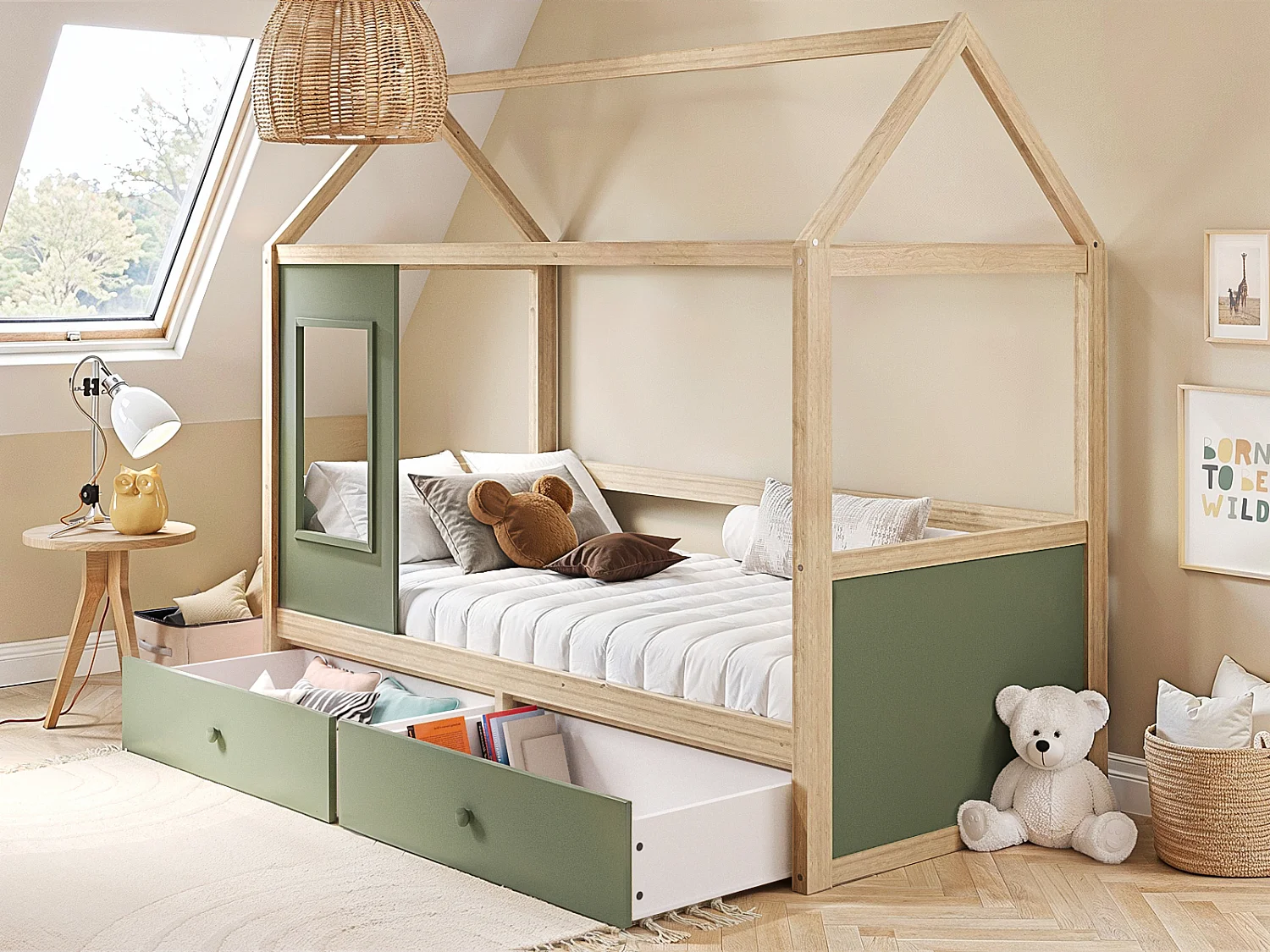 Flair Ted Play House Wooden Bed with Storage Green