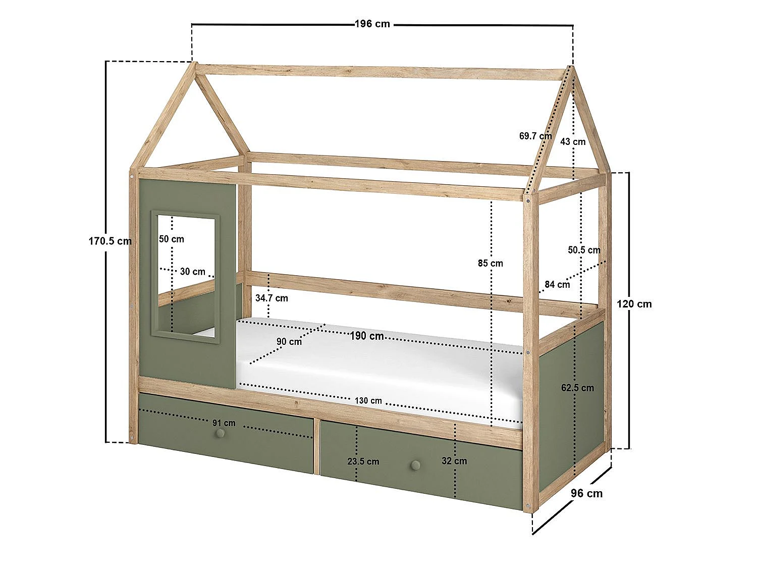 Flair Ted Play House Wooden Bed with Storage Green