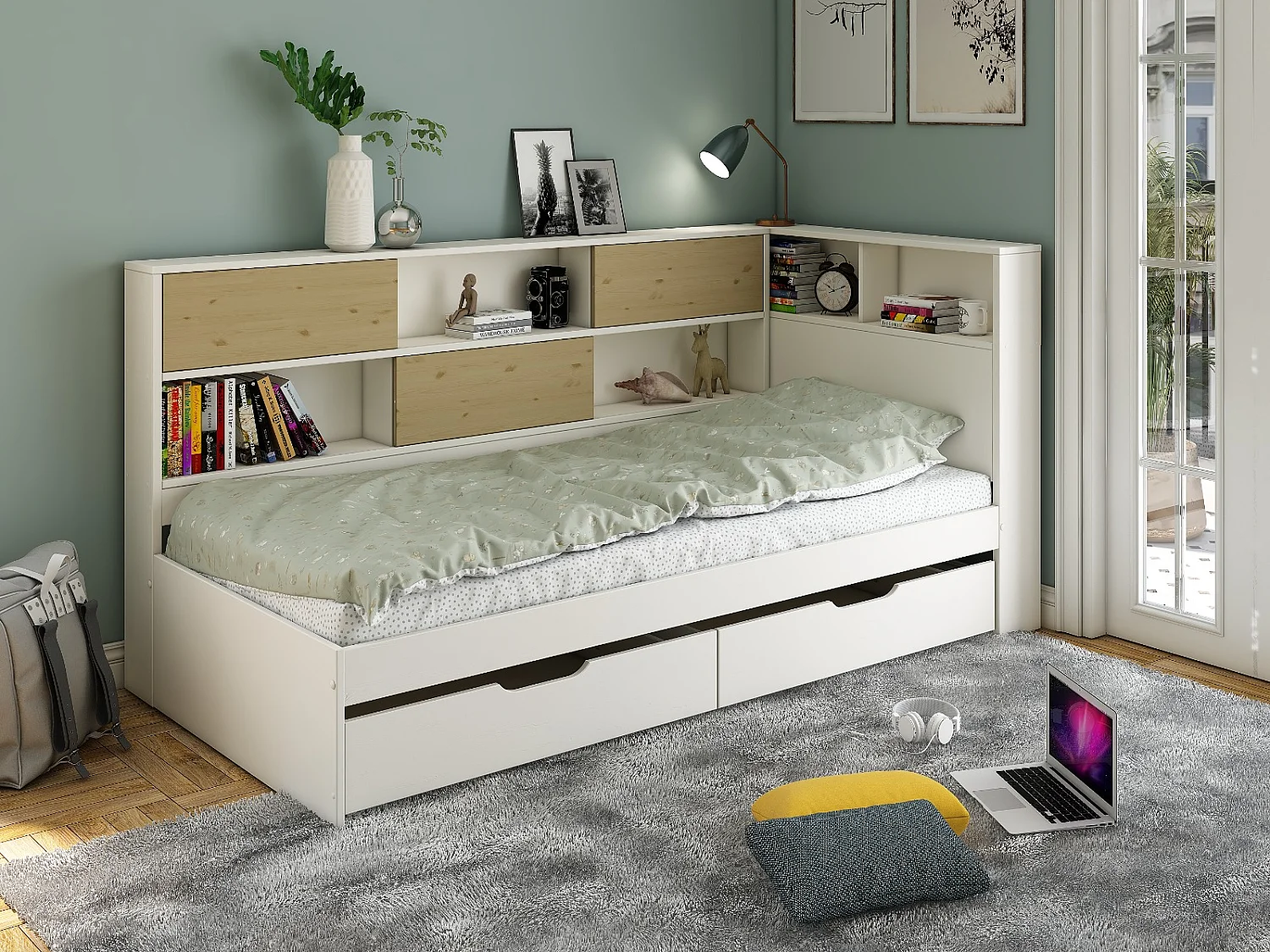 Noomi Jorgi Corner Storage Bed White & Oak