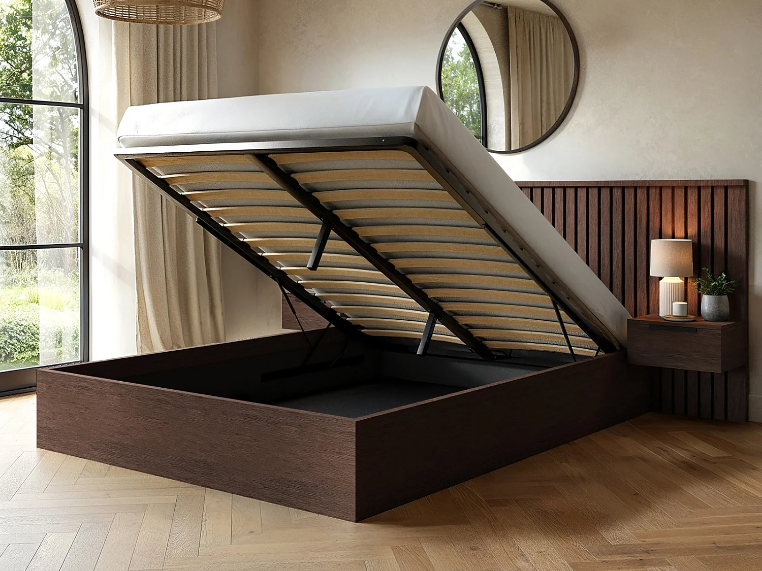 SOLACE+CO Taylor Hotel Ottoman Bed with Side Tables Walnut Kingsize