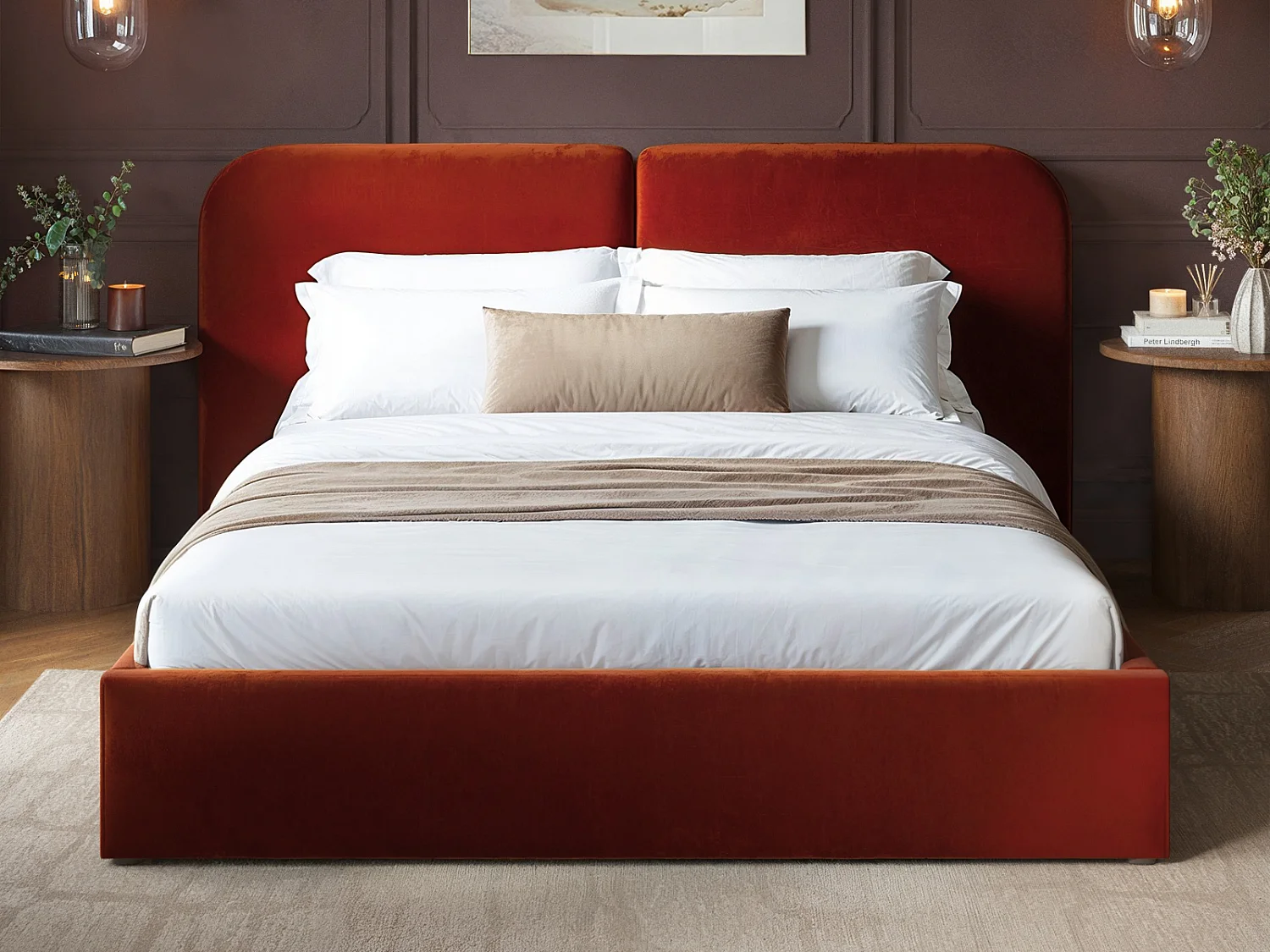 SOLACE+CO Lena Kingsize Velvet Ottoman Bed Burnt Orange