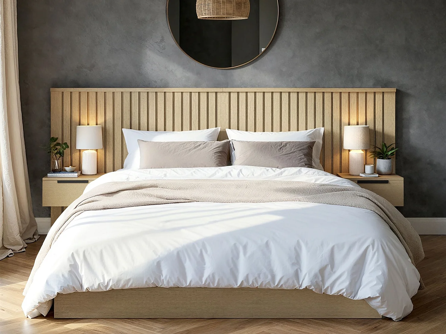 SOLACE+CO Taylor Hotel Ottoman Bed with Side Tables Light Wood Kingsize