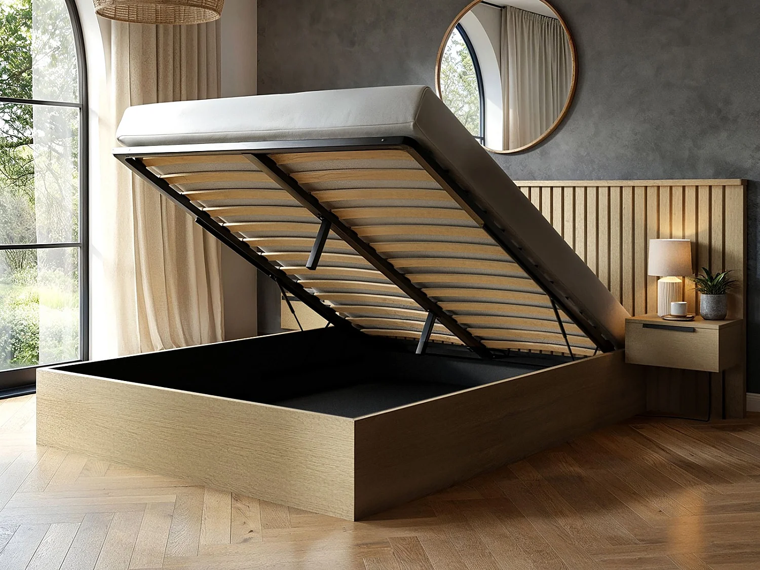 SOLACE+CO Taylor Hotel Ottoman Bed with Side Tables Light Wood Kingsize