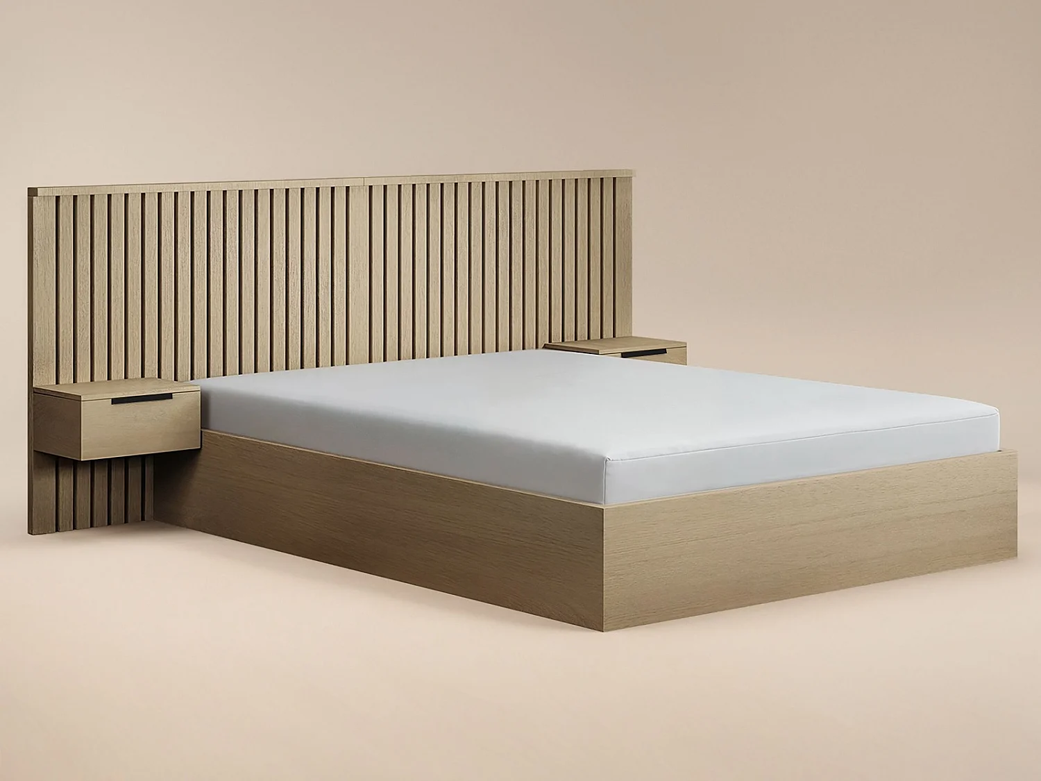SOLACE+CO Taylor Hotel Ottoman Bed with Side Tables Light Wood Kingsize
