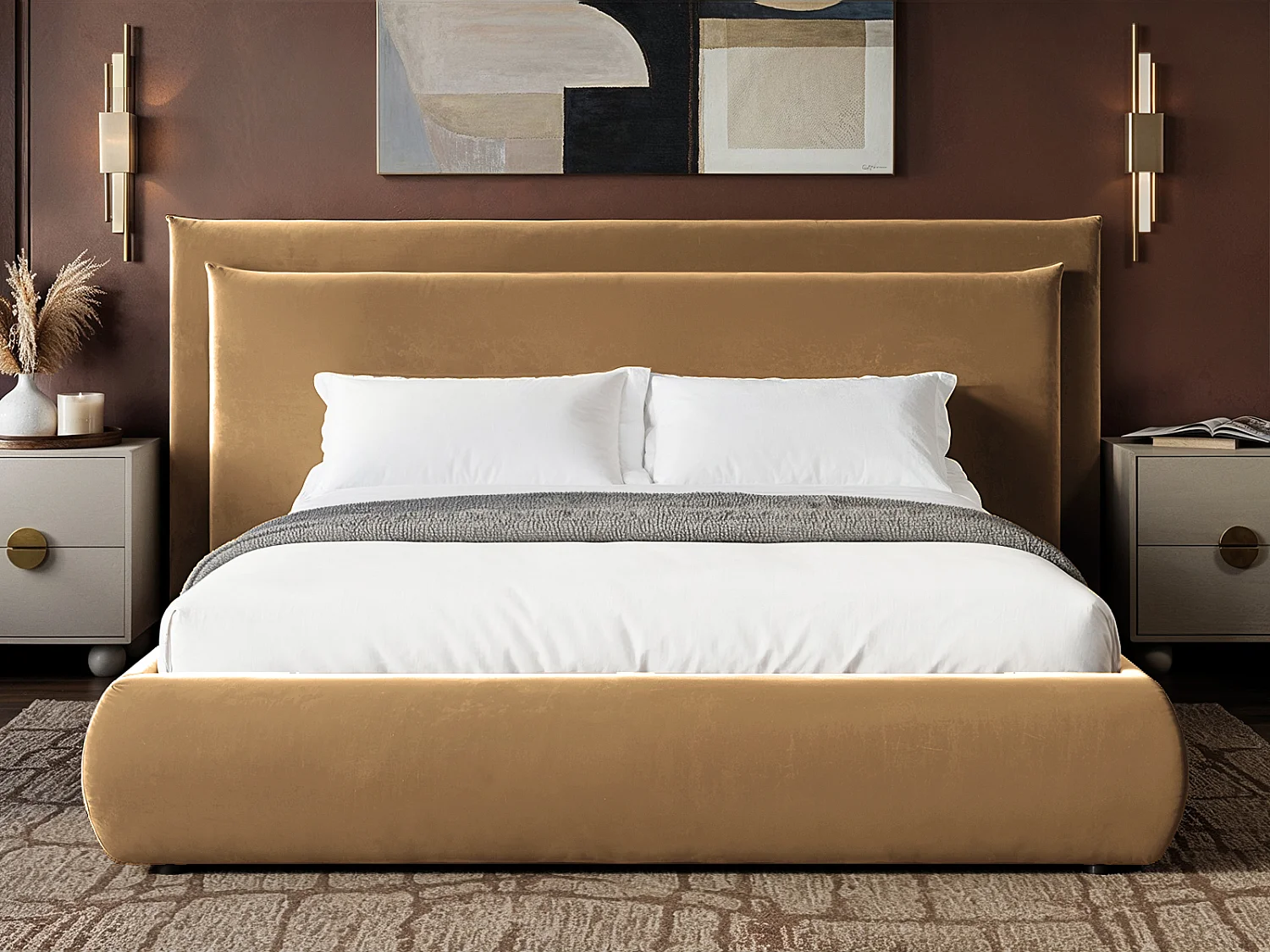 SOLACE+CO Sigrid Sand Velvet Cushion Headboard Ottoman Bed Kingsize