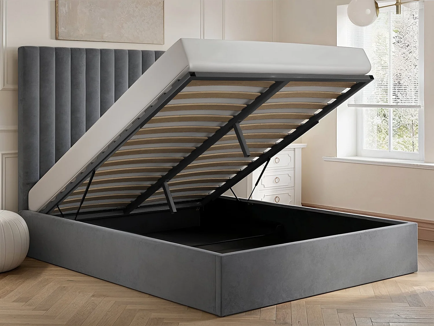 Flair Everley Ottoman Bed Grey Velvet Kingsize