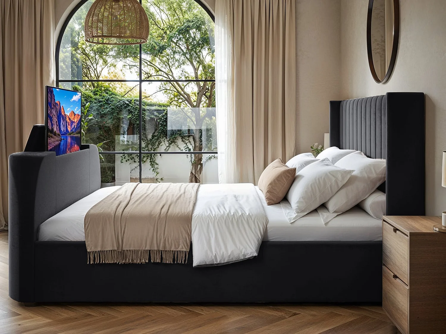 Flair Fallon TV Side Lift Ottoman Bed Charcoal Velvet Super King