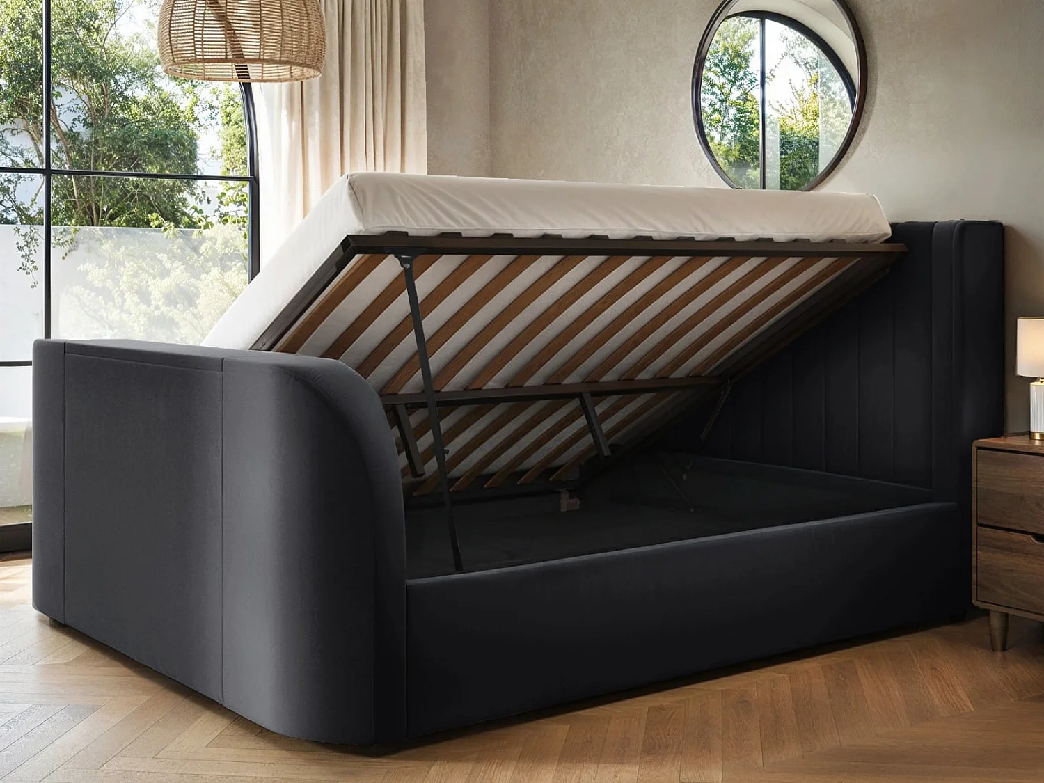 Flair Fallon TV Side Lift Ottoman Bed Charcoal Velvet Super King