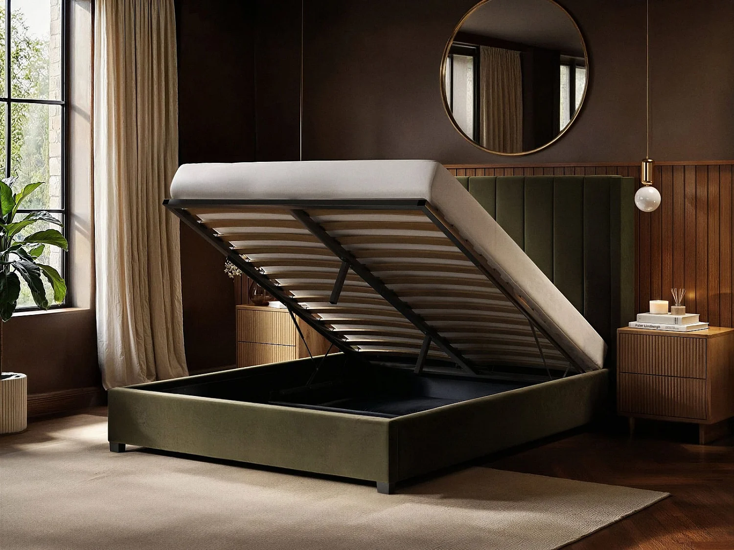 Flair Tiggy Ottoman Bed with Winged Headboard Khaki Velvet Kingsize