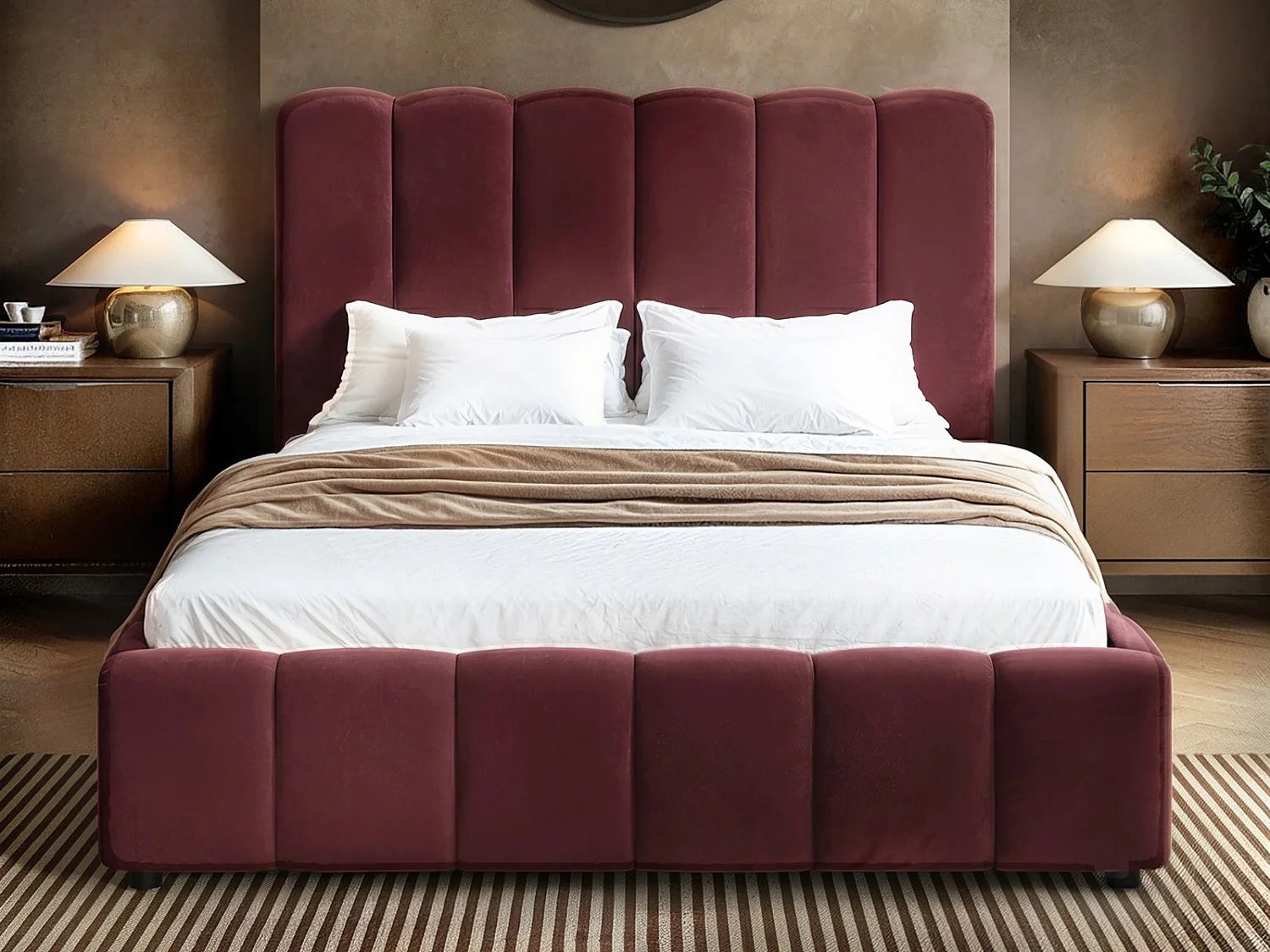 SOLACE+CO Emilie Ribbed Kingsize Ottoman Bed Burgundy Velvet