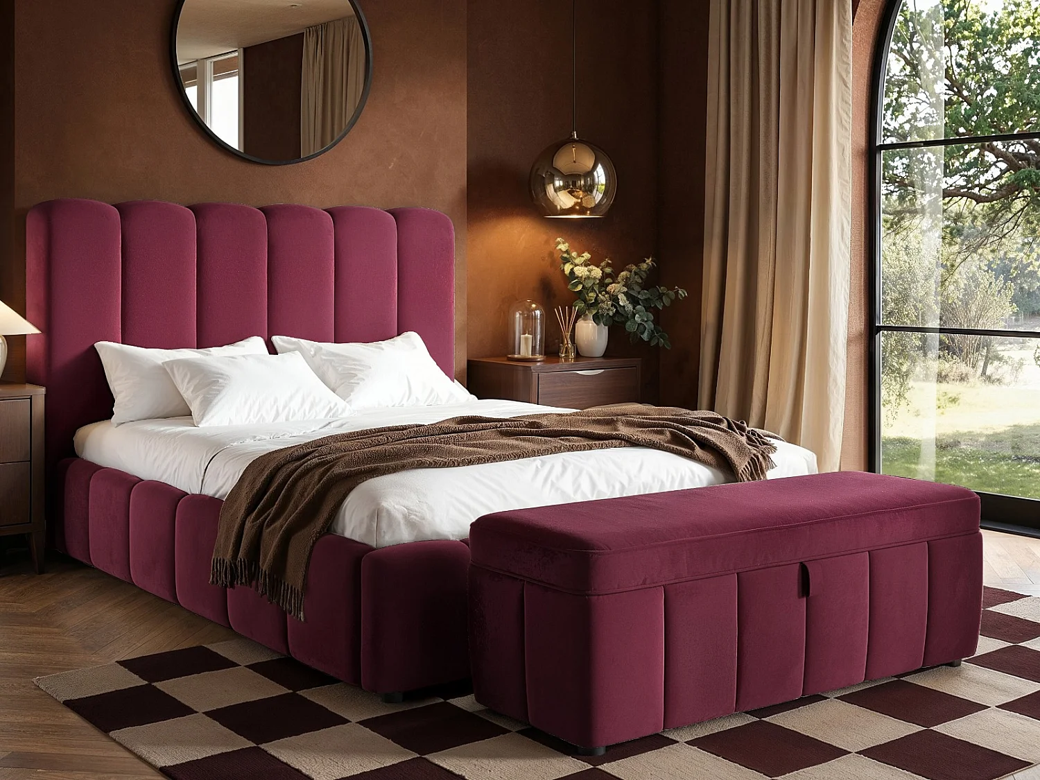 SOLACE+CO Emilie Ribbed Kingsize Ottoman Bed Burgundy Velvet