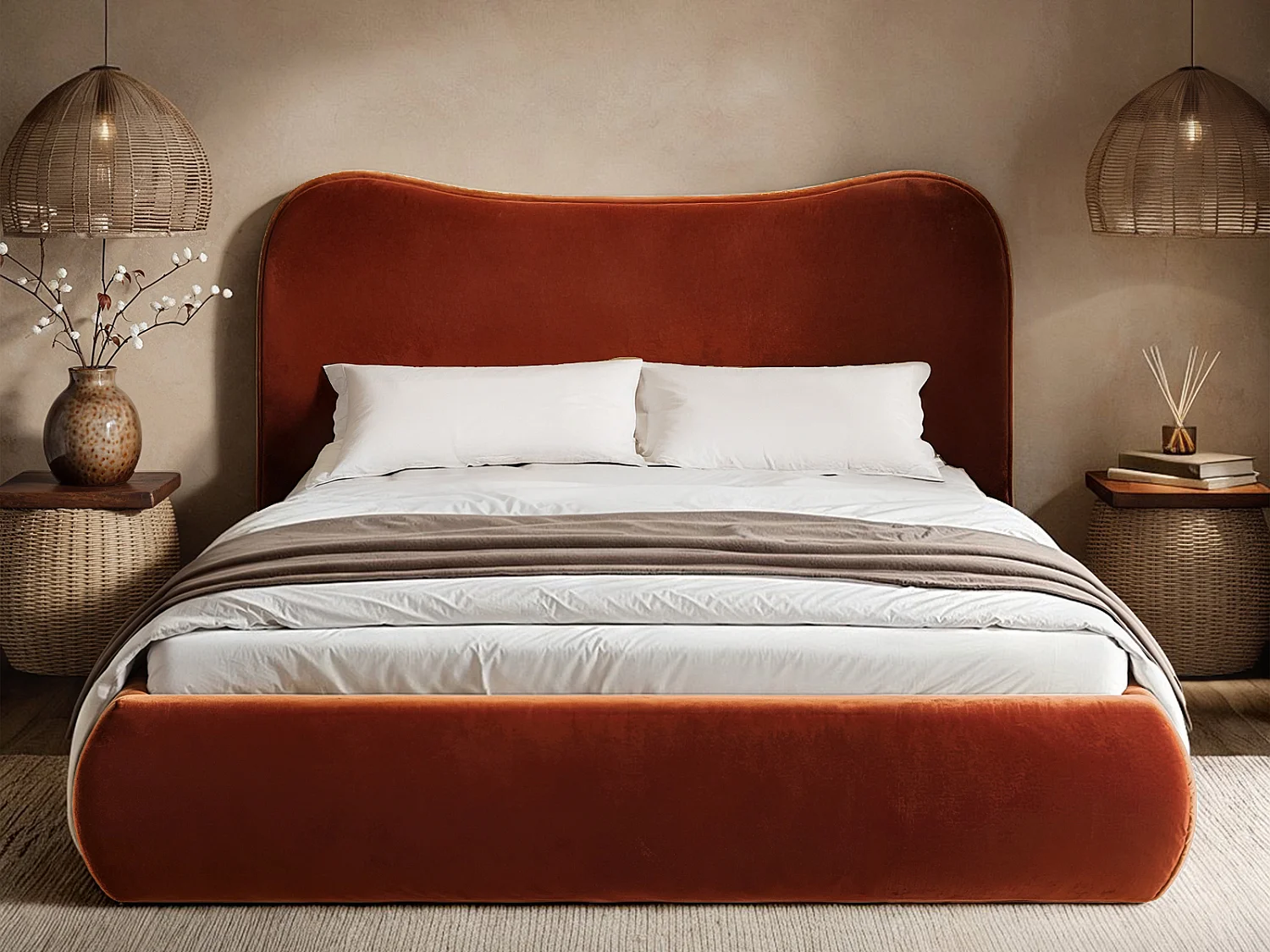 SOLACE+CO Ember Ottoman Bed Orange Velvet Kingsize