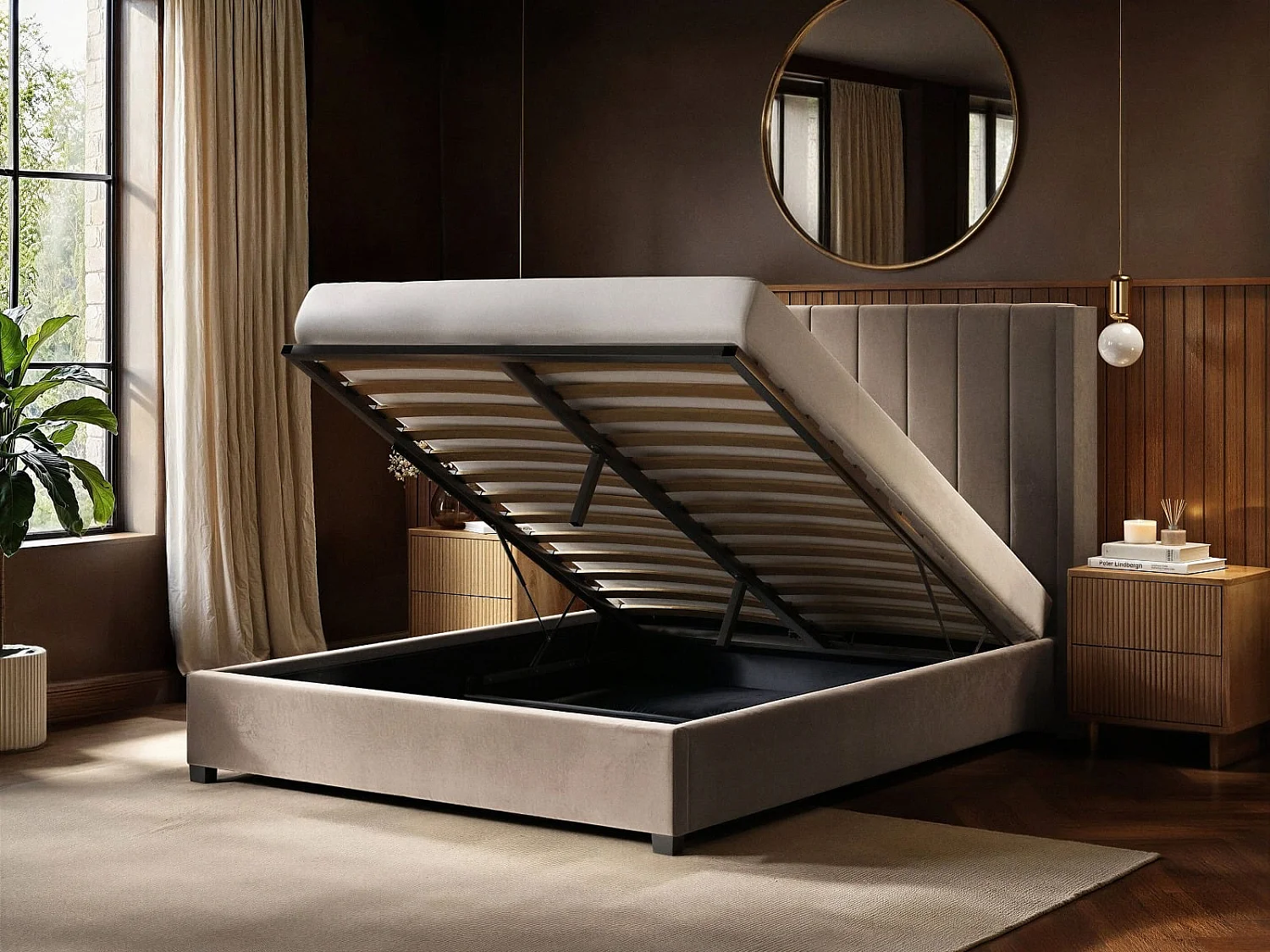 Flair Tiggy Ottoman Bed with Winged Headboard Beige Velvet Kingsize