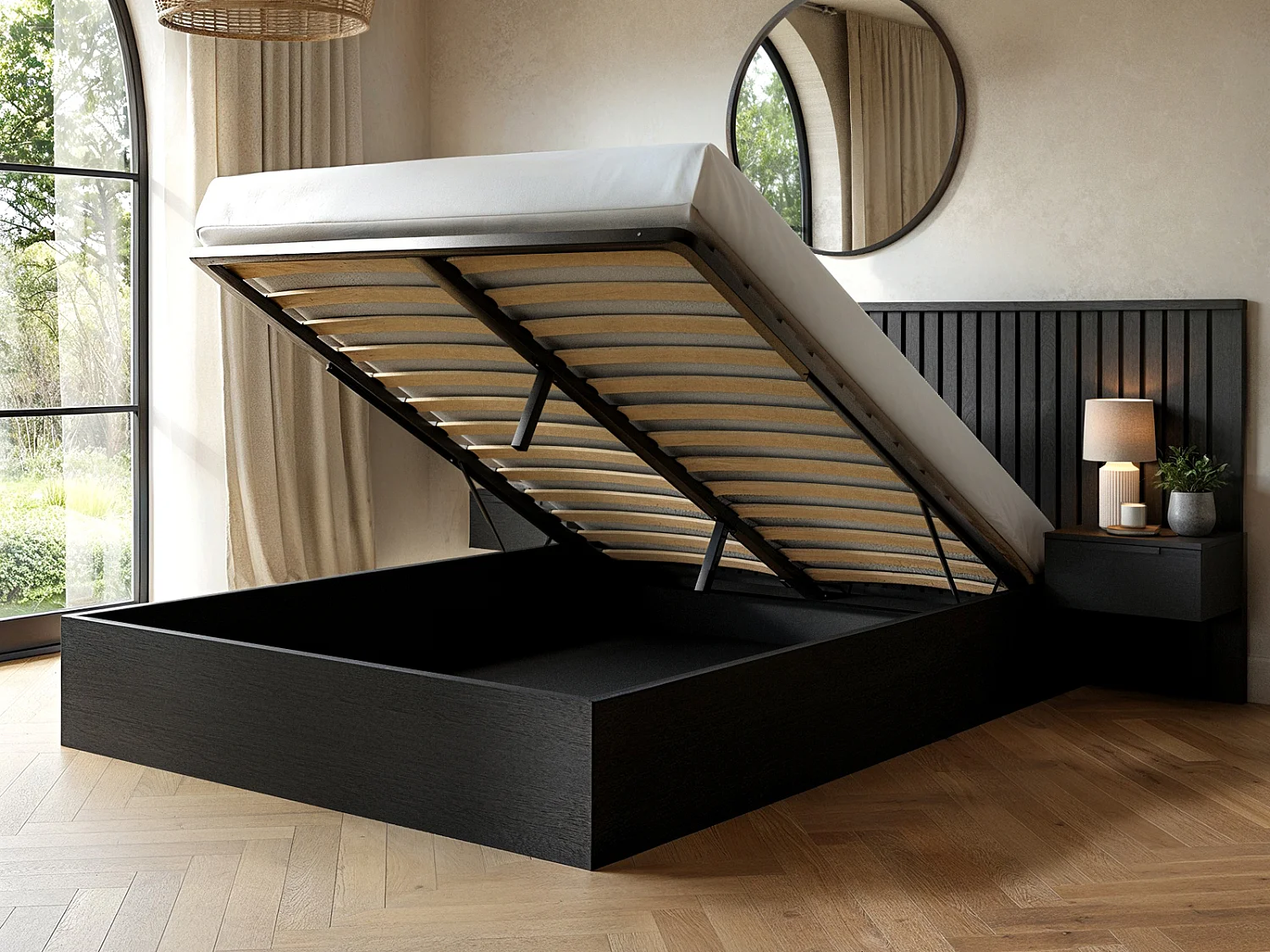 SOLACE+CO Taylor Hotel Ottoman Bed with Side Tables Black Kingsize