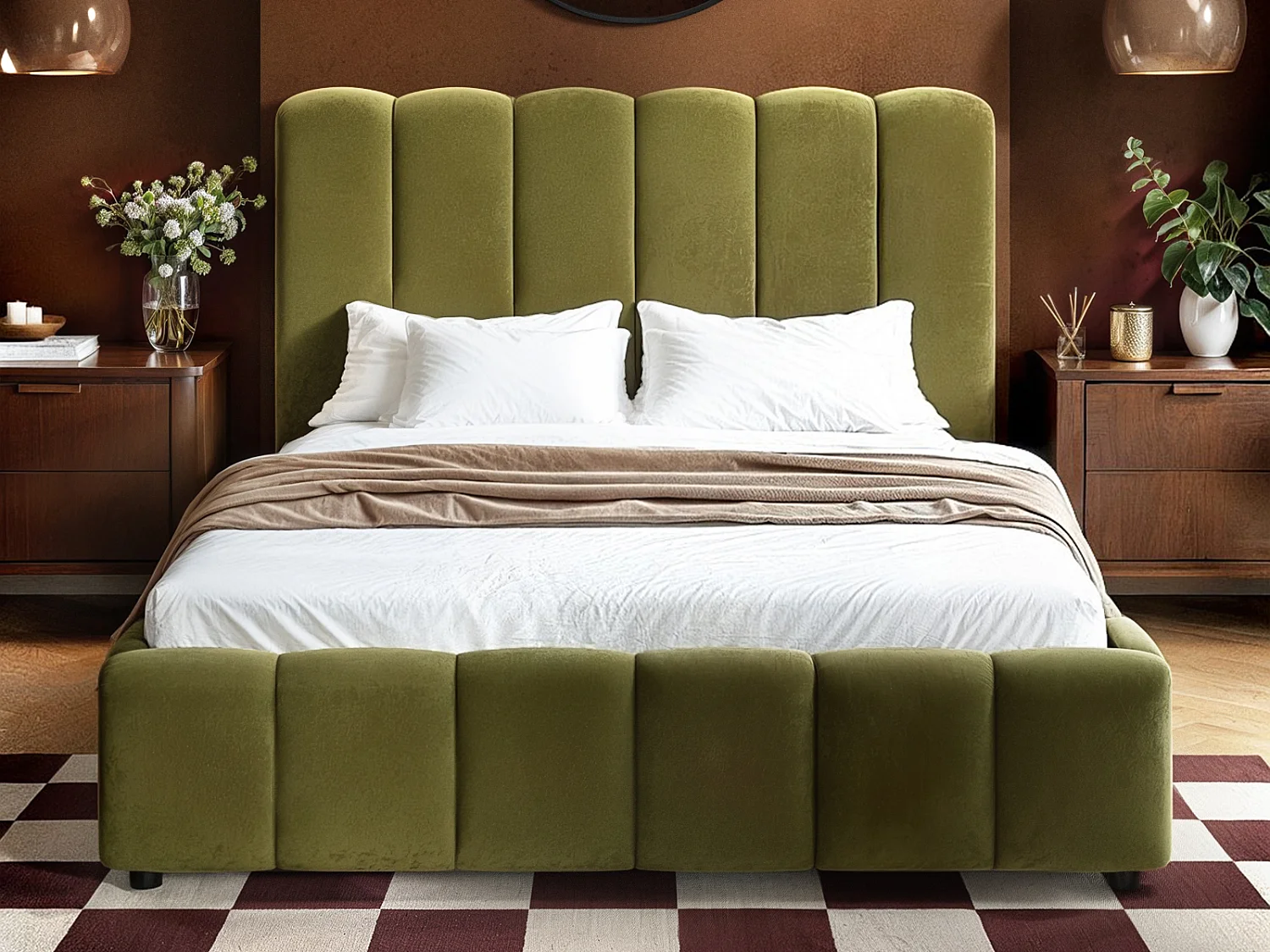 SOLACE+CO Emilie Ribbed Kingsize Ottoman Bed Green Velvet