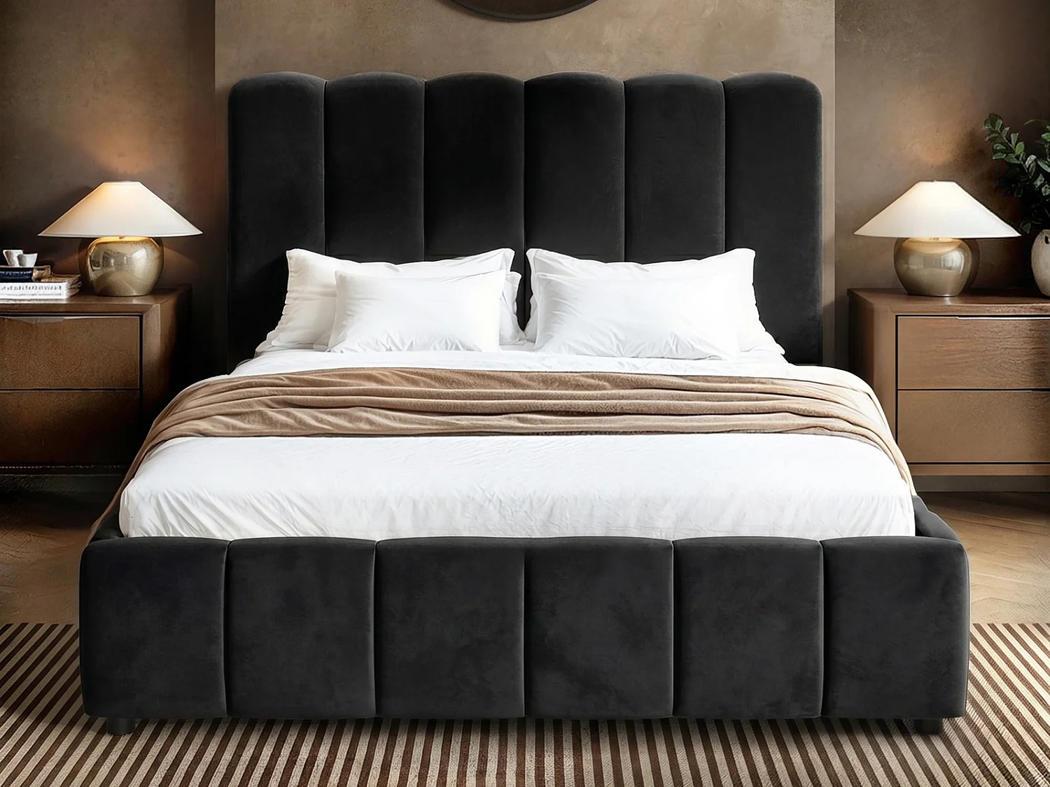 SOLACE+CO Emilie Ribbed Kingsize Ottoman Bed Black Velvet