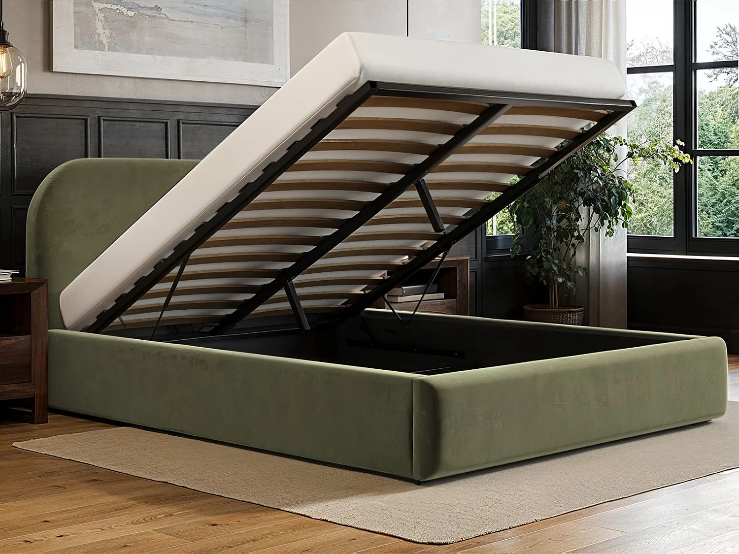 Flair Alba Ottoman Bed Khaki Green Velvet Kingsize