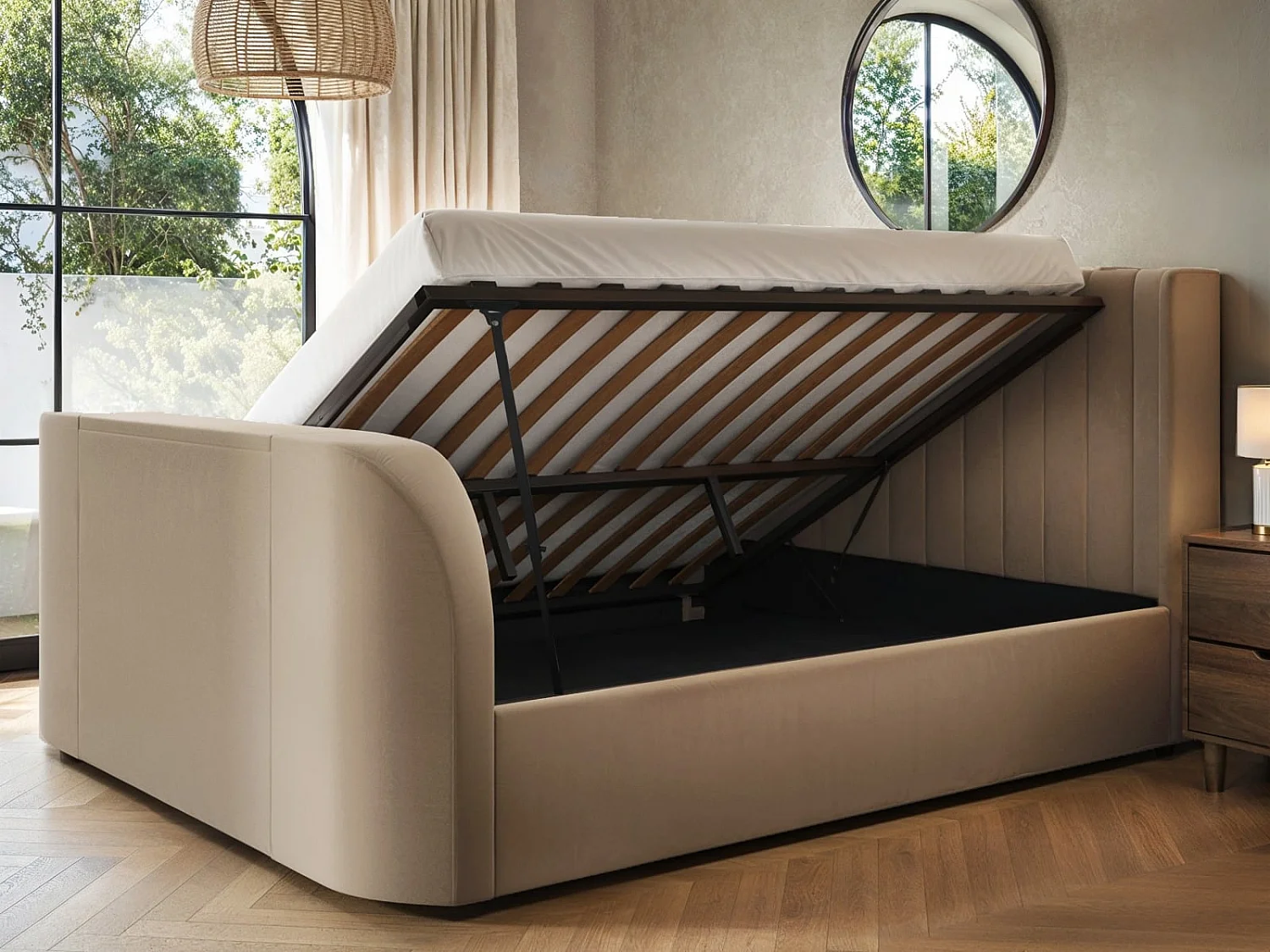 Flair Fallon TV Side Lift Ottoman Bed Beige Velvet Super King