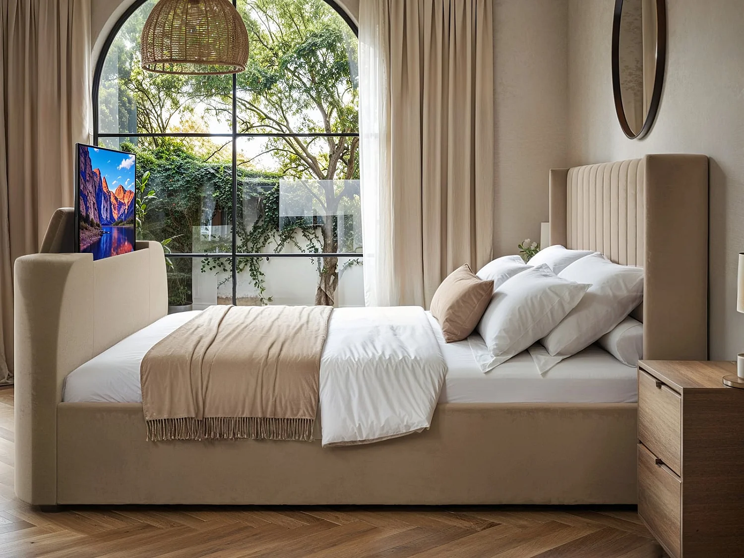 Flair Fallon TV Side Lift Ottoman Bed Beige Velvet Super King