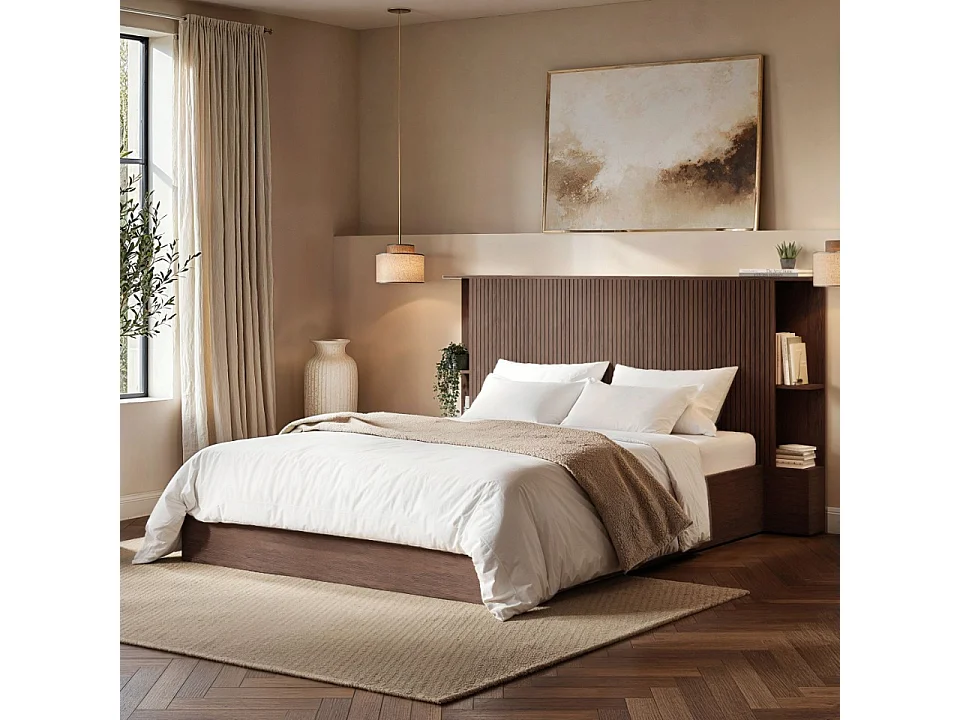 SOLACE+CO Zora Ottoman Kingsize Bed with Headboard Shelves Walnut