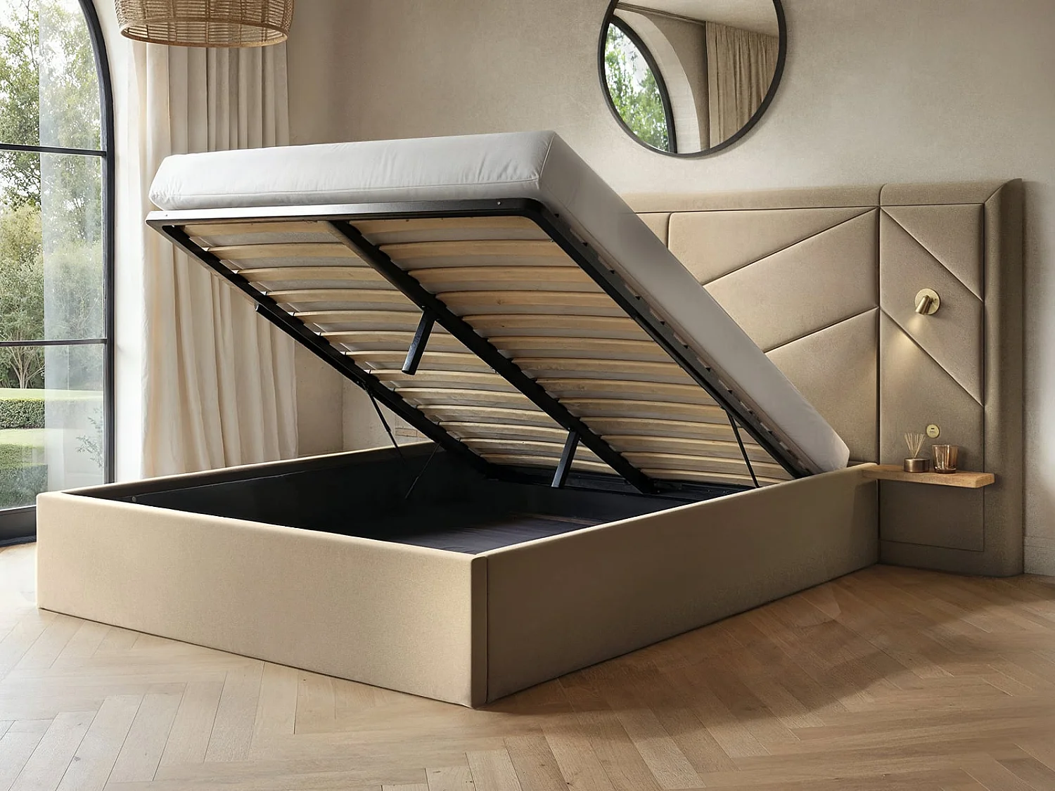 Flair Alice Hotel Ottoman Bed with USB Gold Lights Beige Velvet Kingsize