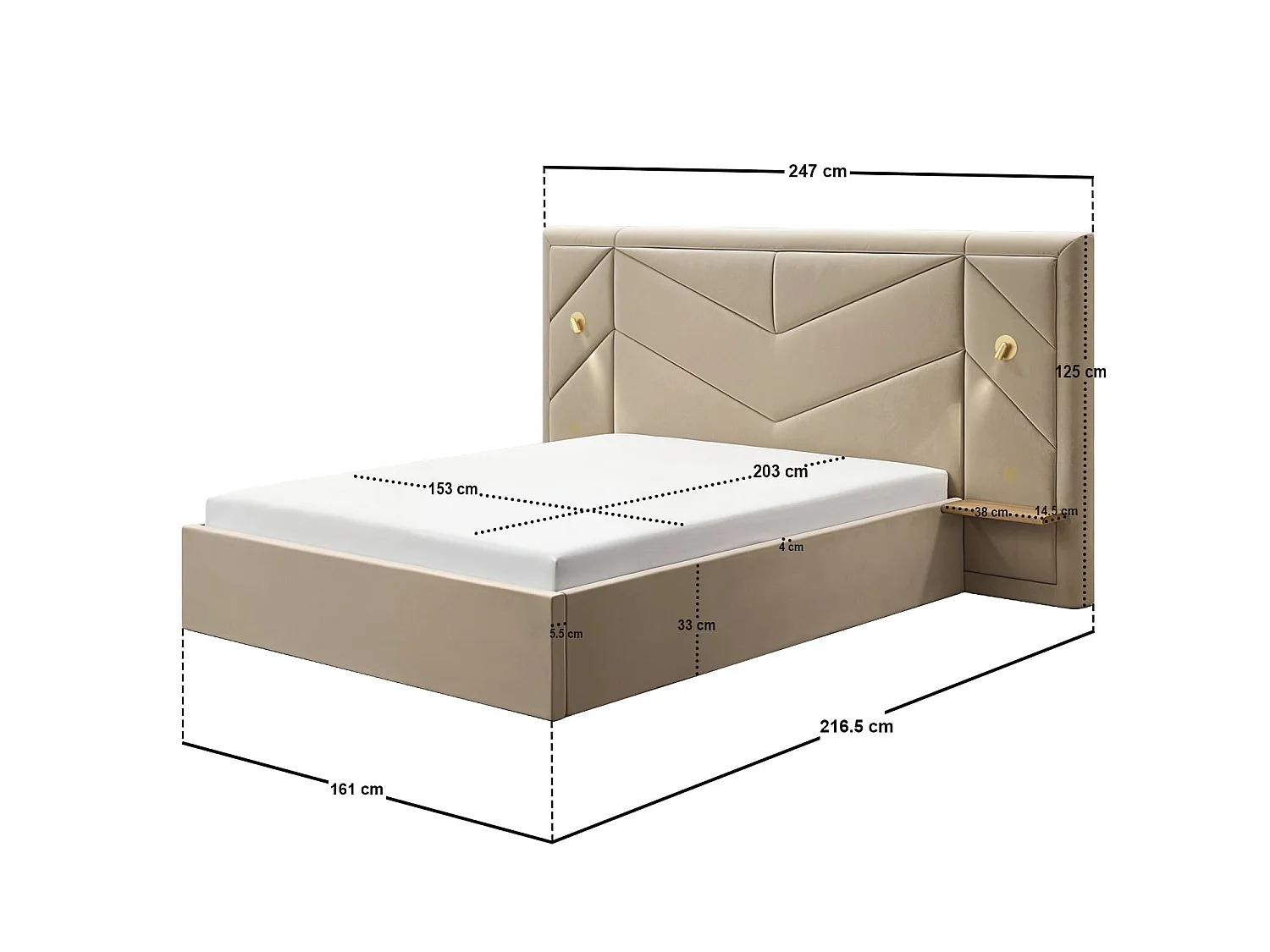 Flair Alice Hotel Ottoman Bed with USB Gold Lights Beige Velvet Kingsize