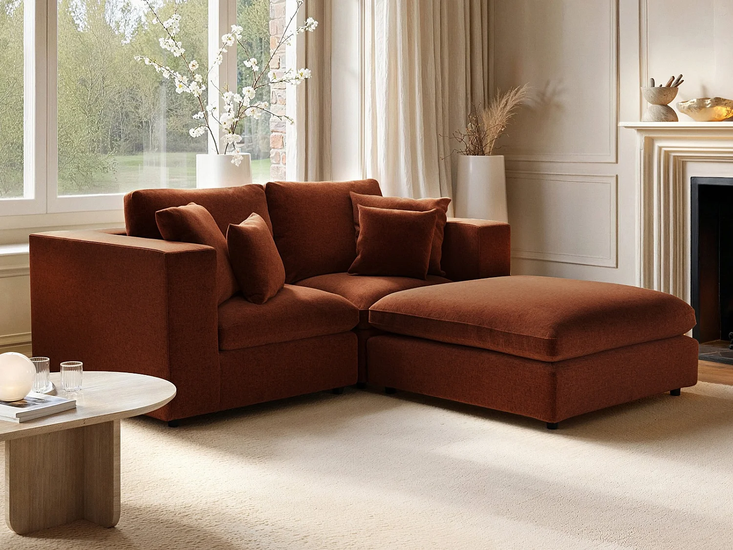 SOLACE+CO Asher 3 Seater Sofa with Footstool Burnt Orange Chenille