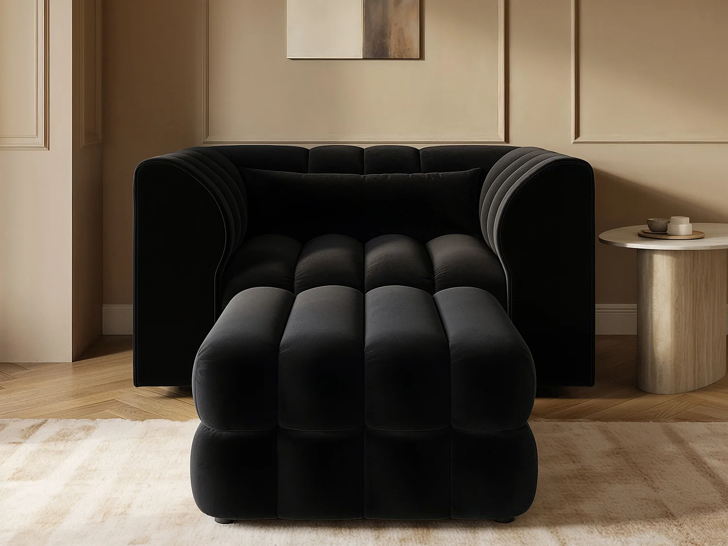 SOLACE+CO Halle Loveseat with Footstool - Black