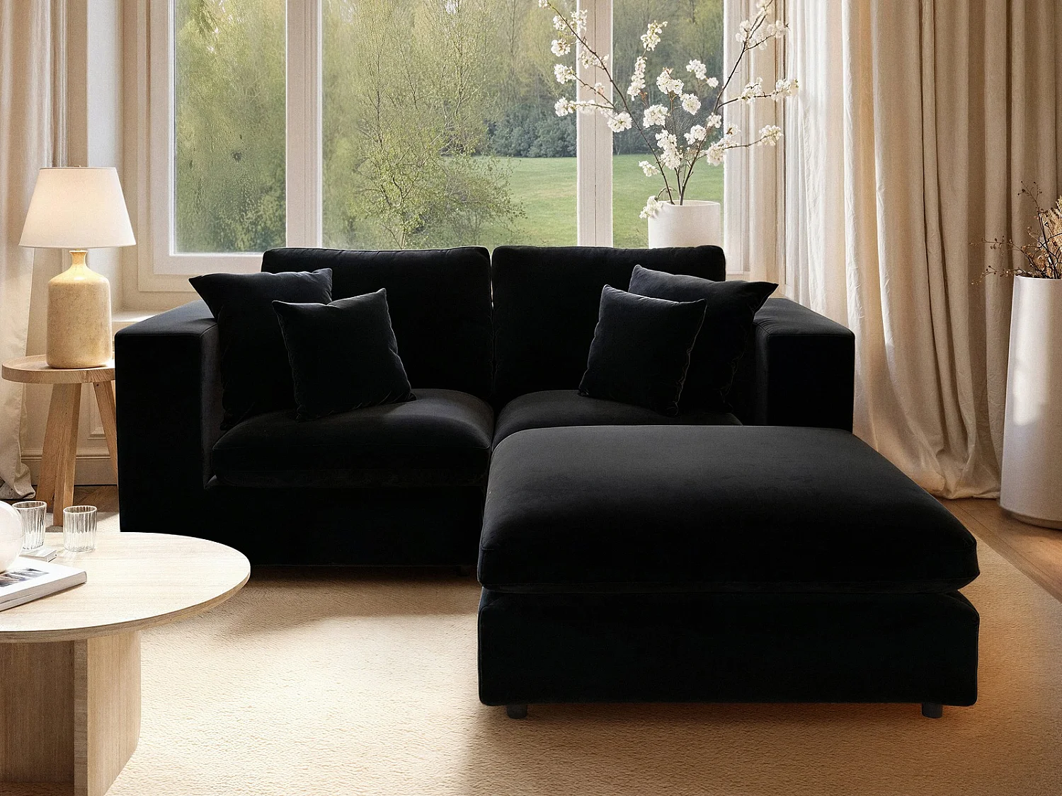 SOLACE+CO Asher 3 Seater Sofa with Footstool Black Velvet
